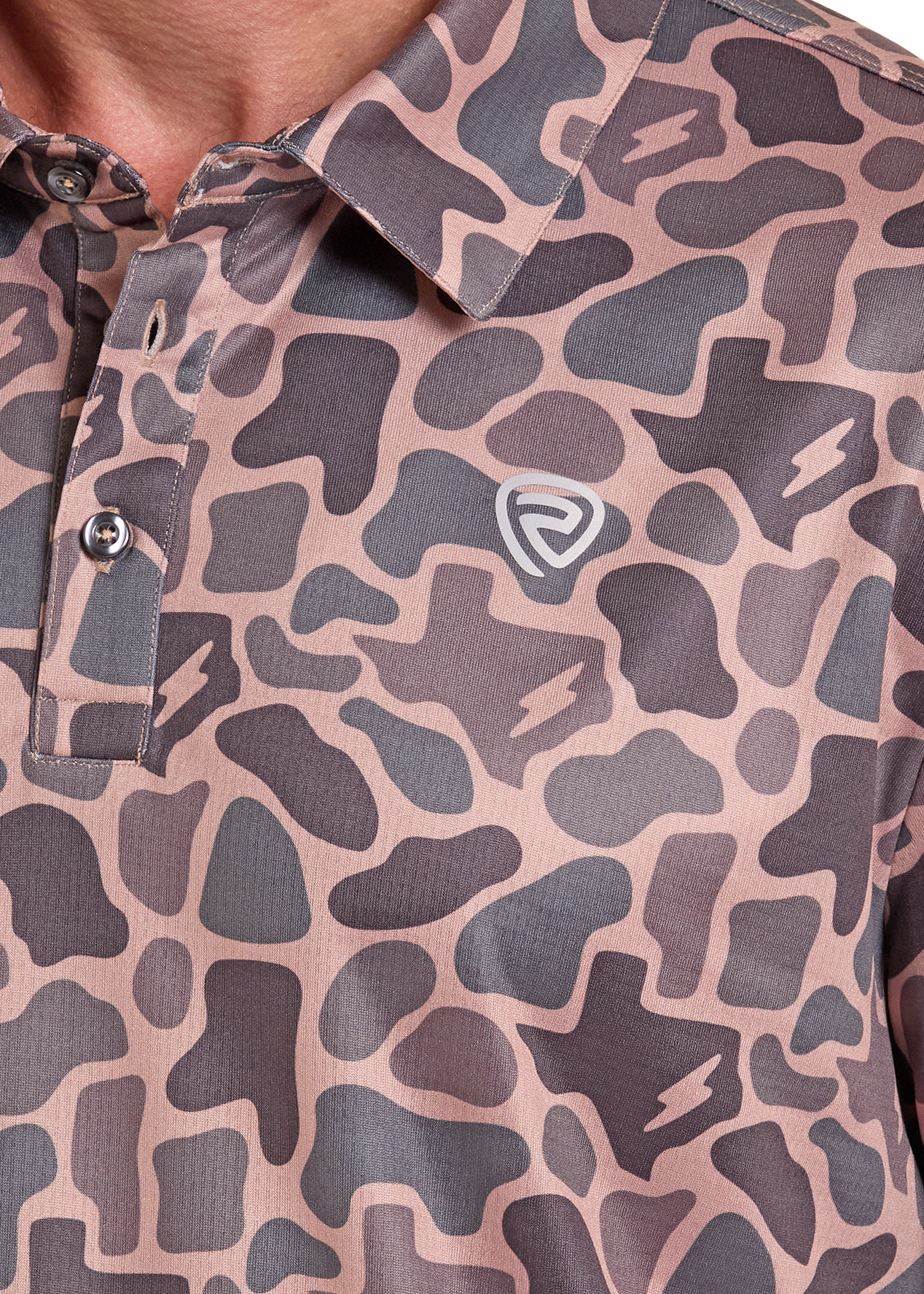 Close-up of a Texas camo shirt with a brand logo on a white background