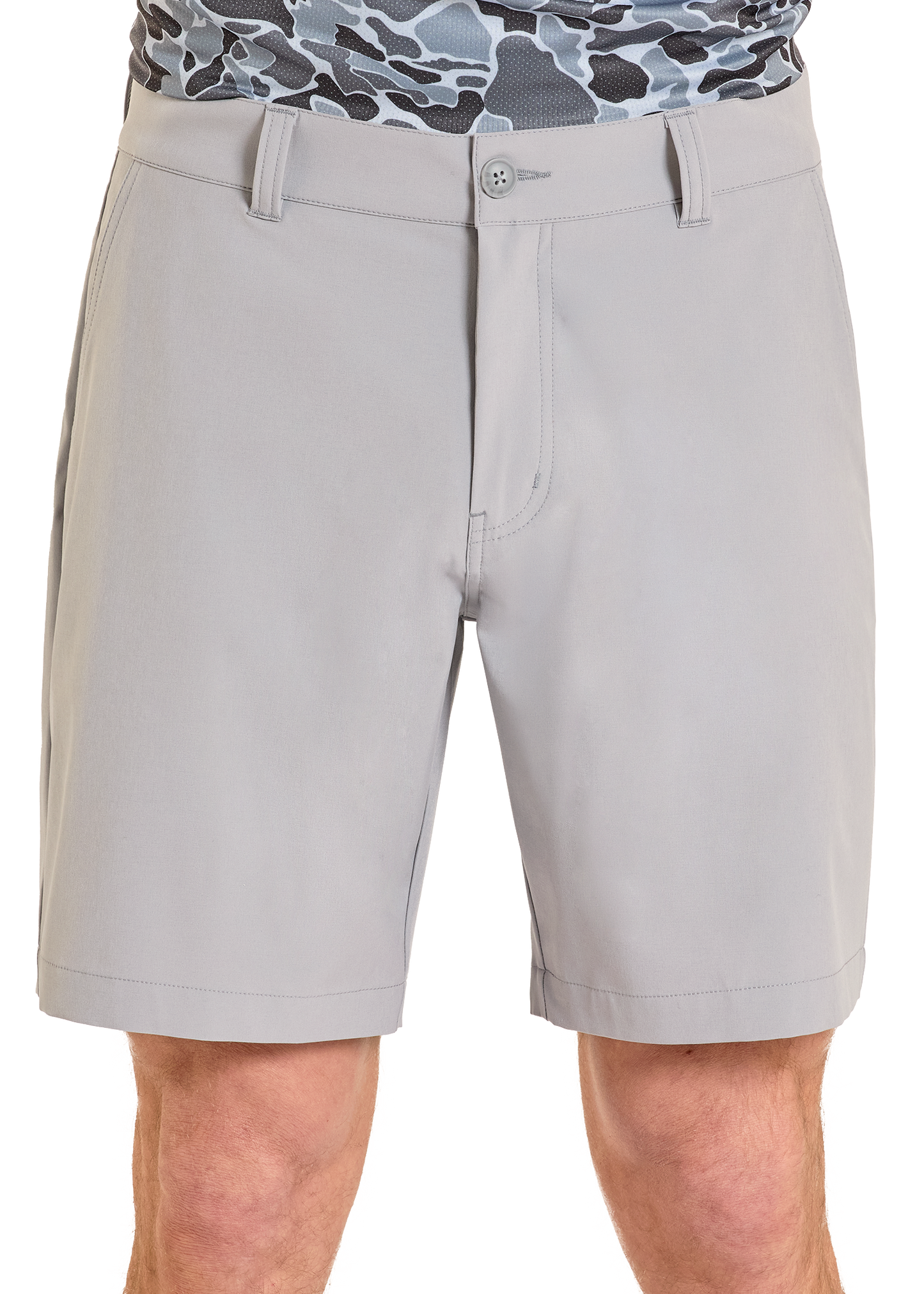 Gray shorts worn by a person on a white background