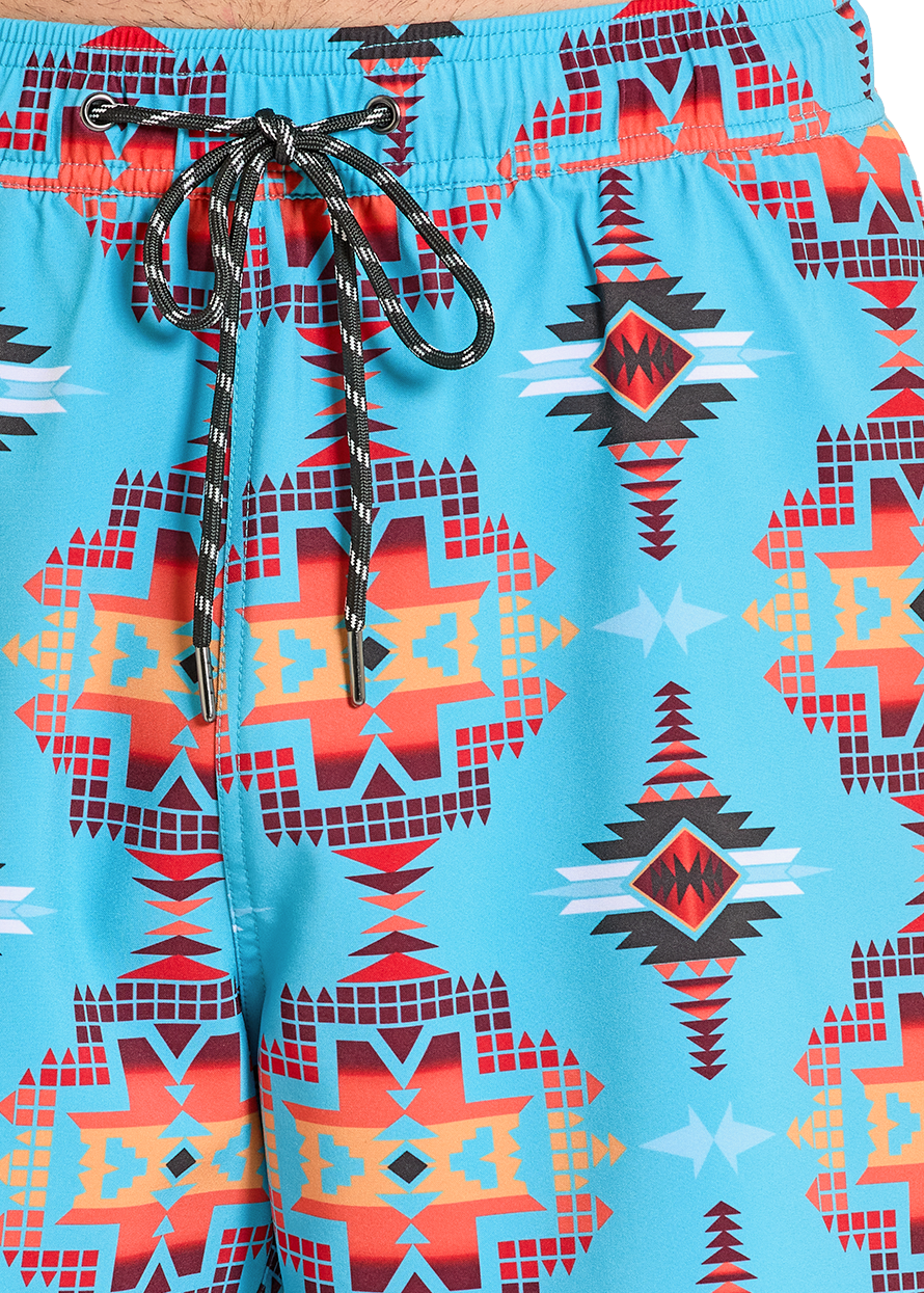 Blue swim shorts with geometric pattern on a white background