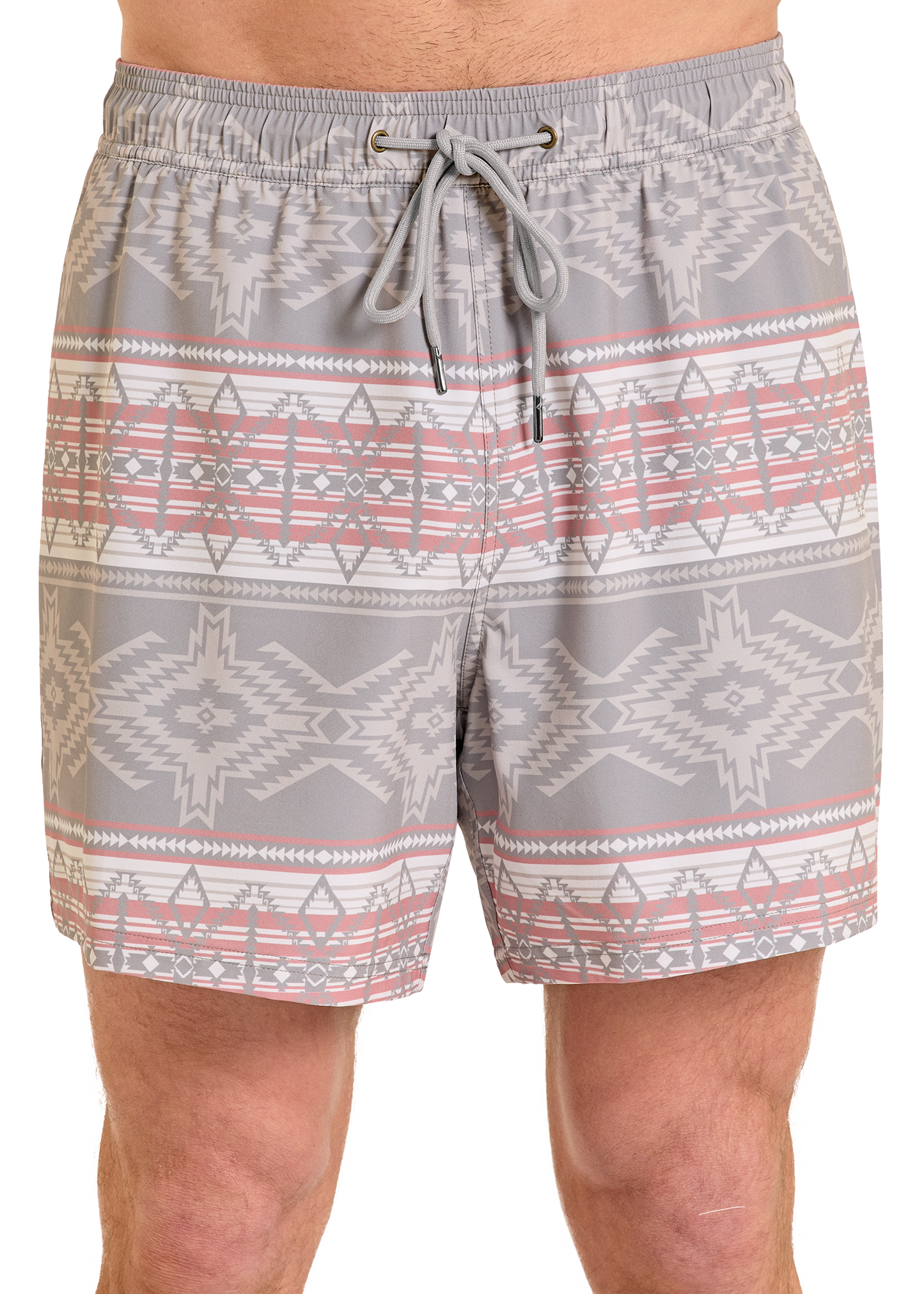 Gray patterned shorts worn by a person on a white background