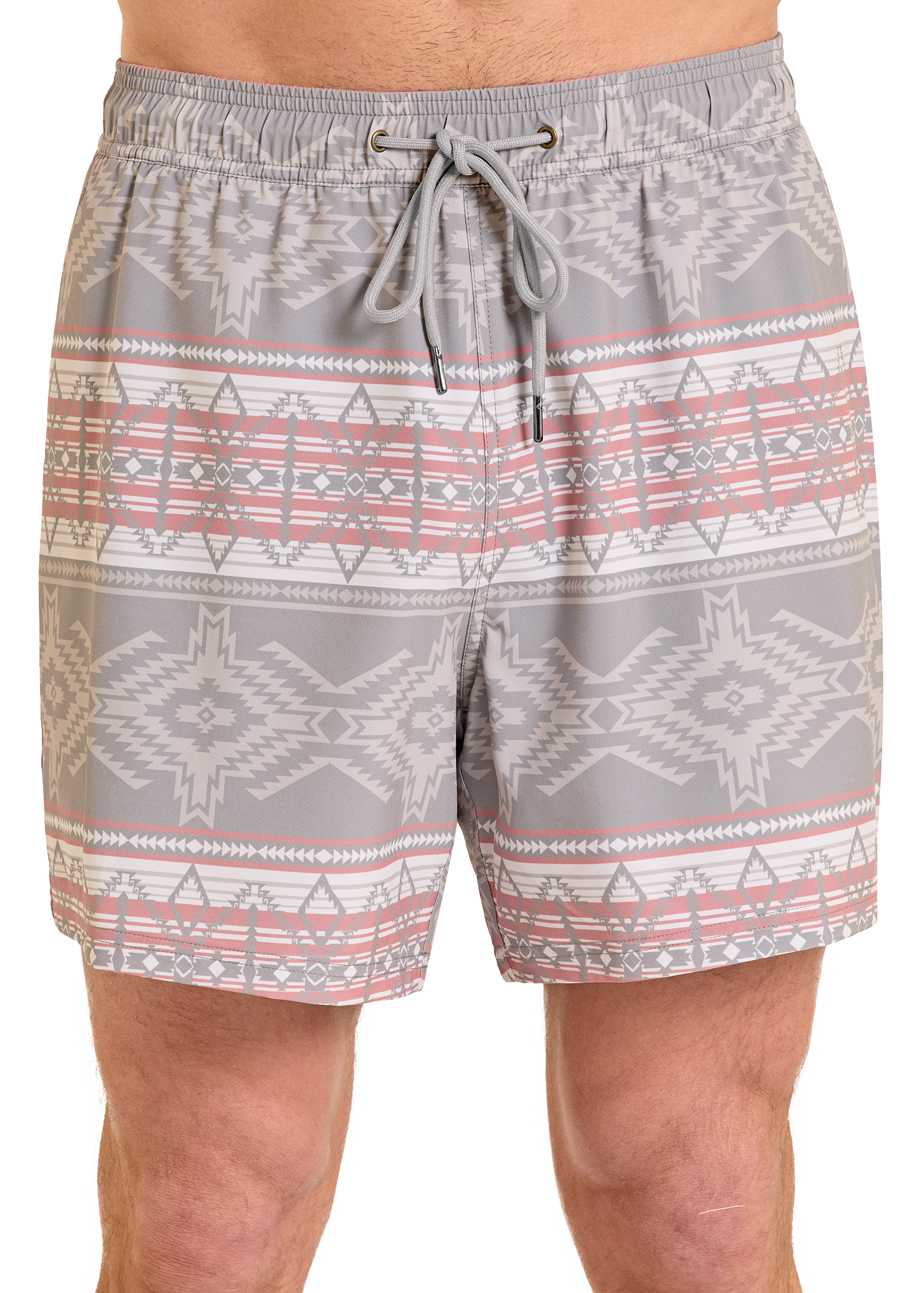 Gray patterned shorts worn by a person on a white background