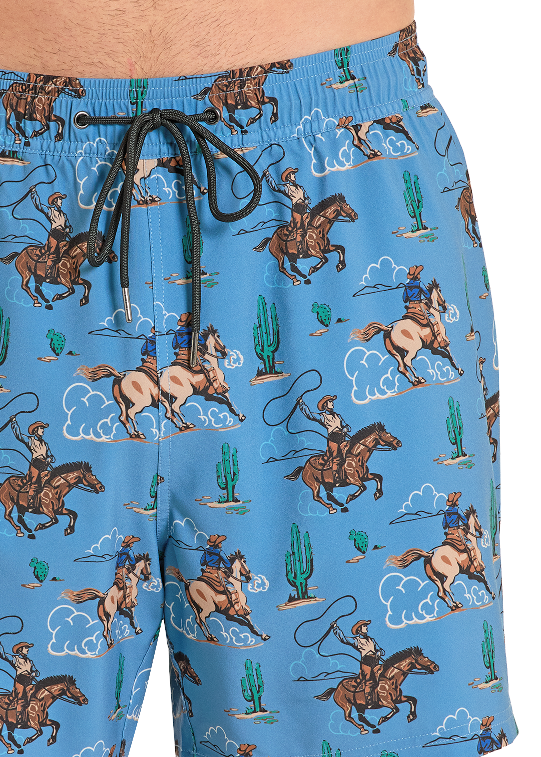Blue swim shorts with cowboy and horse pattern on a white background