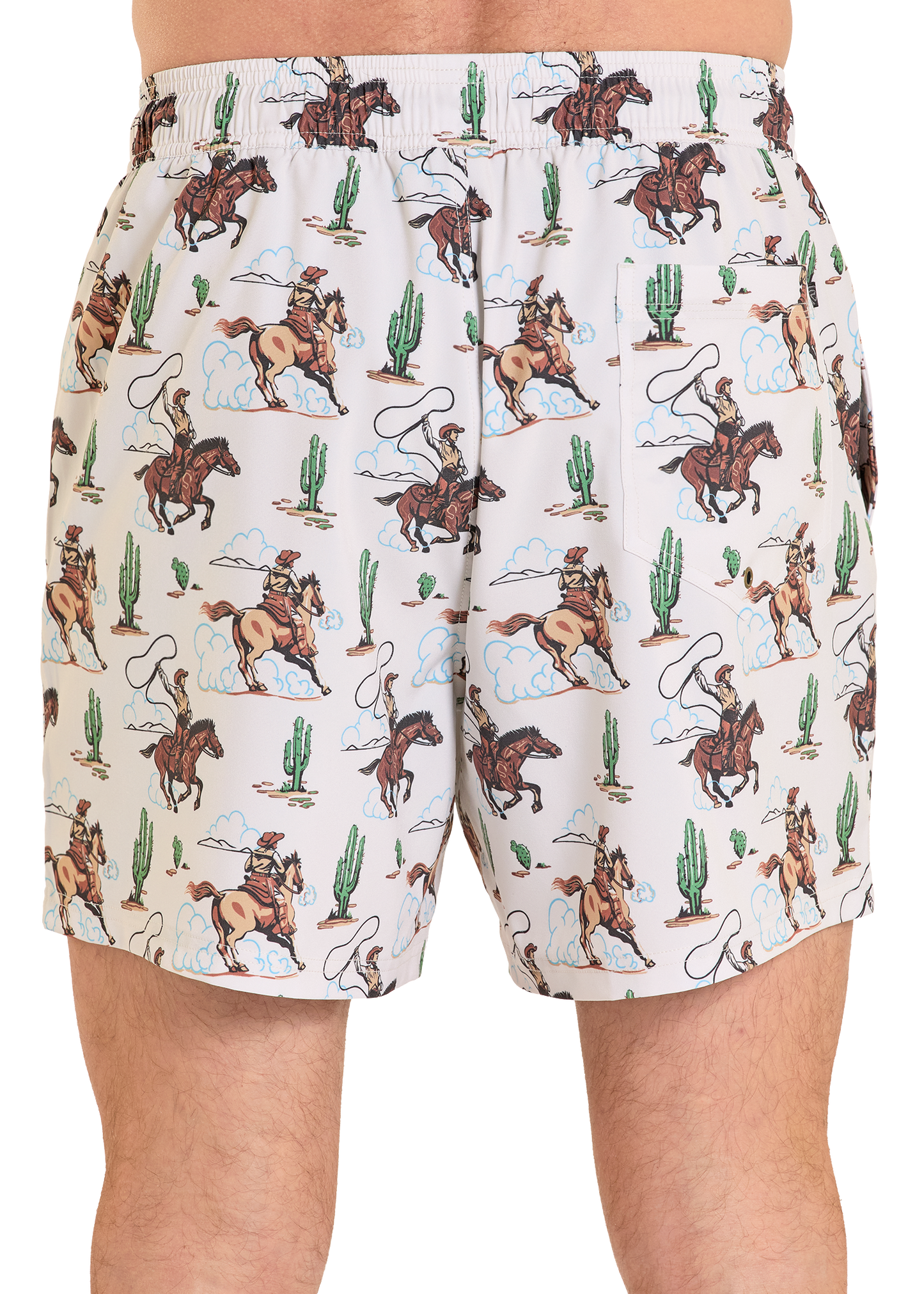 Shorts with cowboy and horse pattern on a white background