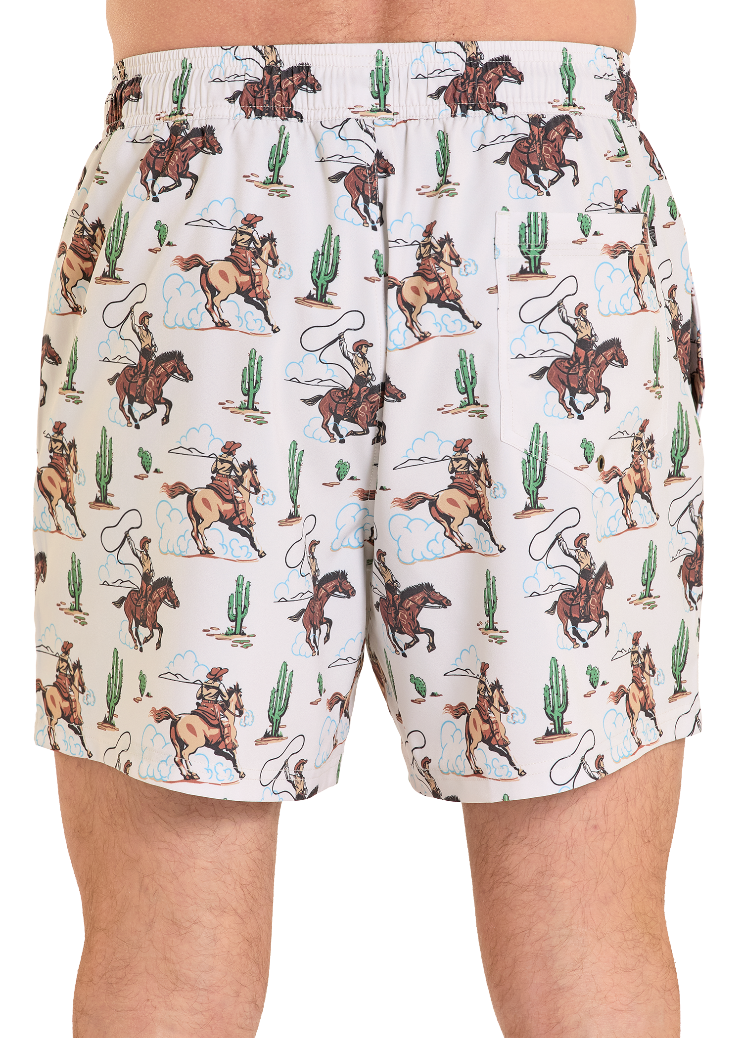 Shorts with cowboy and horse pattern on a white background