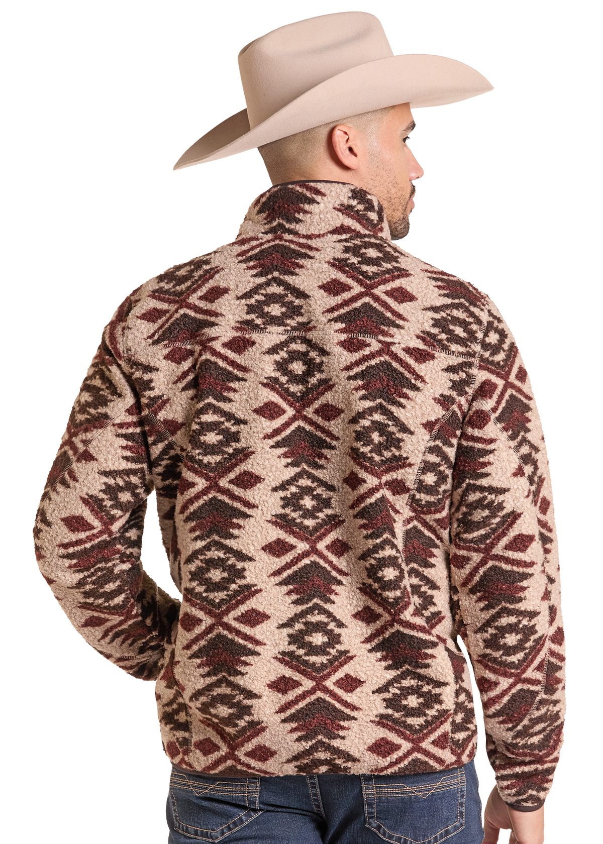 A man wearing a beige cowboy hat and a sherpa fleece quarter-zip pullover with a brown and burgundy geometric Southwestern pattern, shown from the back against a white background.