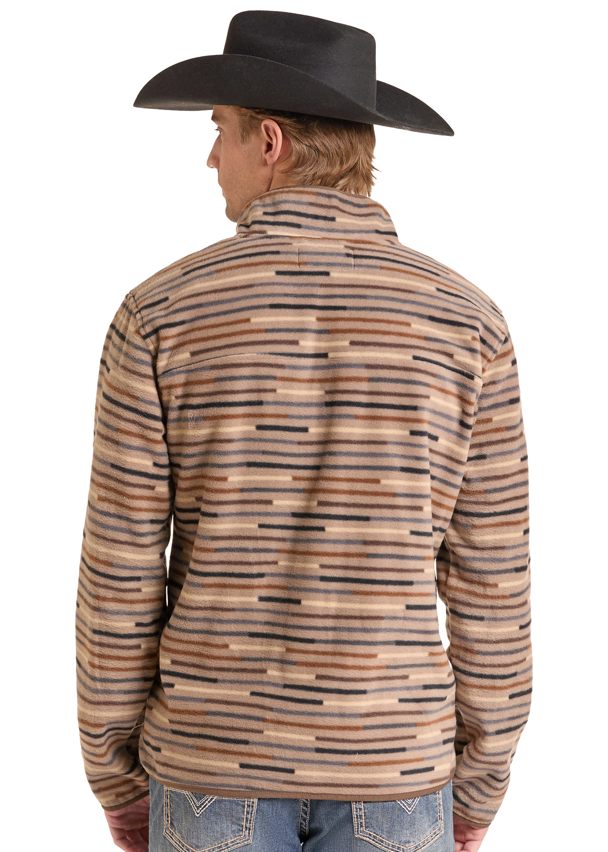 A man shown from the back wearing a beige striped fleece pullover with horizontal brown, tan, and dark navy lines, paired with a black cowboy hat and blue jeans, against a plain white background.