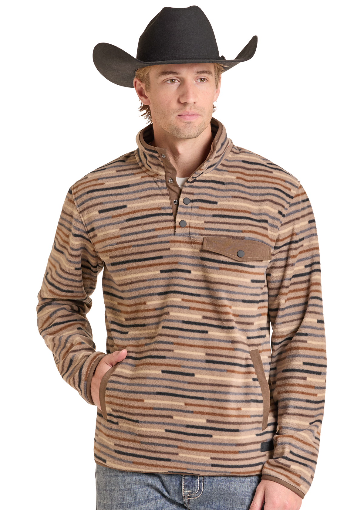 A man wearing a brown and tan striped long-sleeve quarter-placket shirt with a chest pocket, paired with a black cowboy hat and blue jeans, against a solid white background.