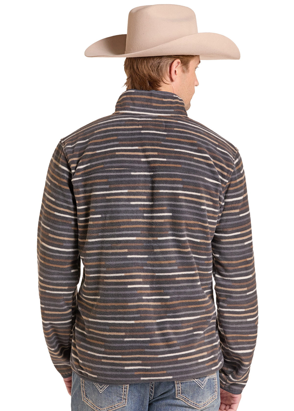 A man shown from the back wearing a beige cowboy hat and a dark gray striped fleece jacket with brown and beige horizontal lines, paired with blue jeans, against a solid white background.