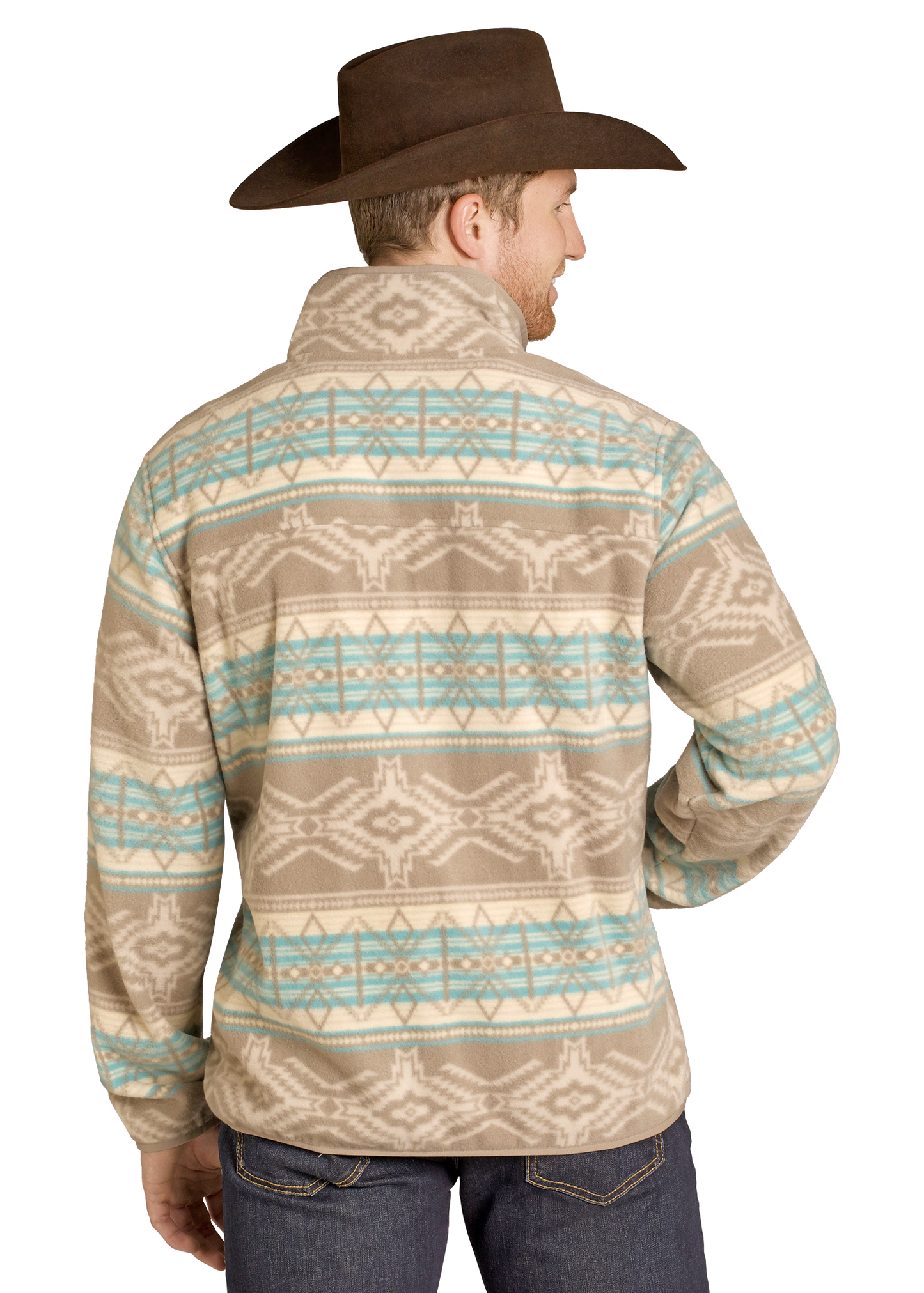 Man wearing a patterned shirt and cowboy hat on a white background