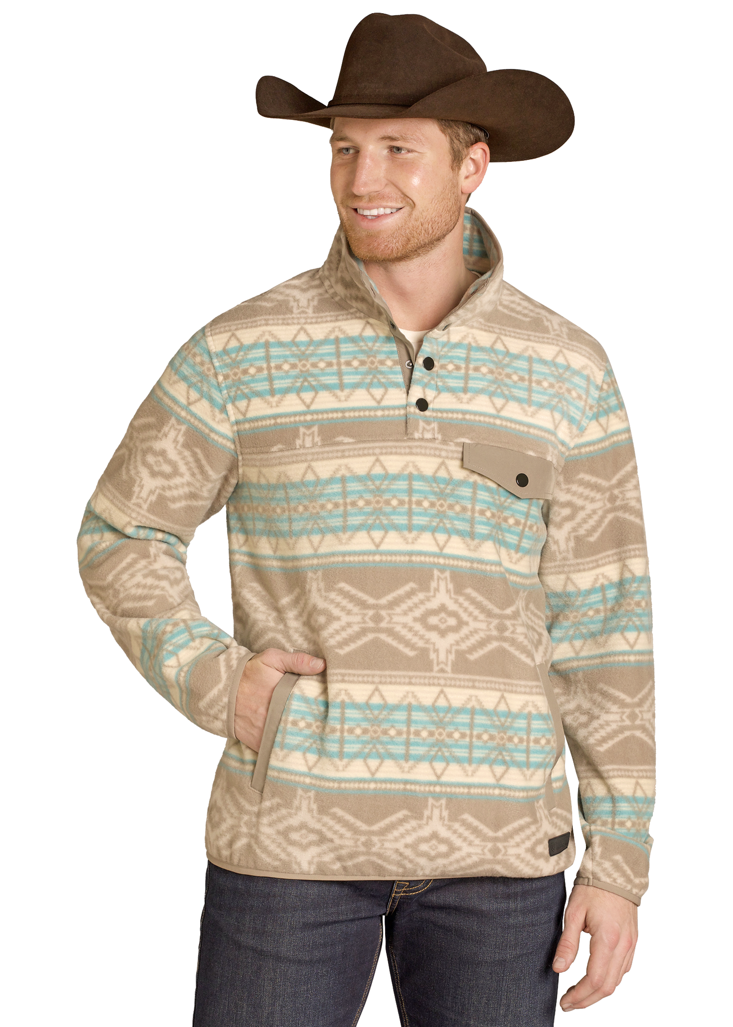 Man wearing a patterned pullover with a cowboy hat on a white background