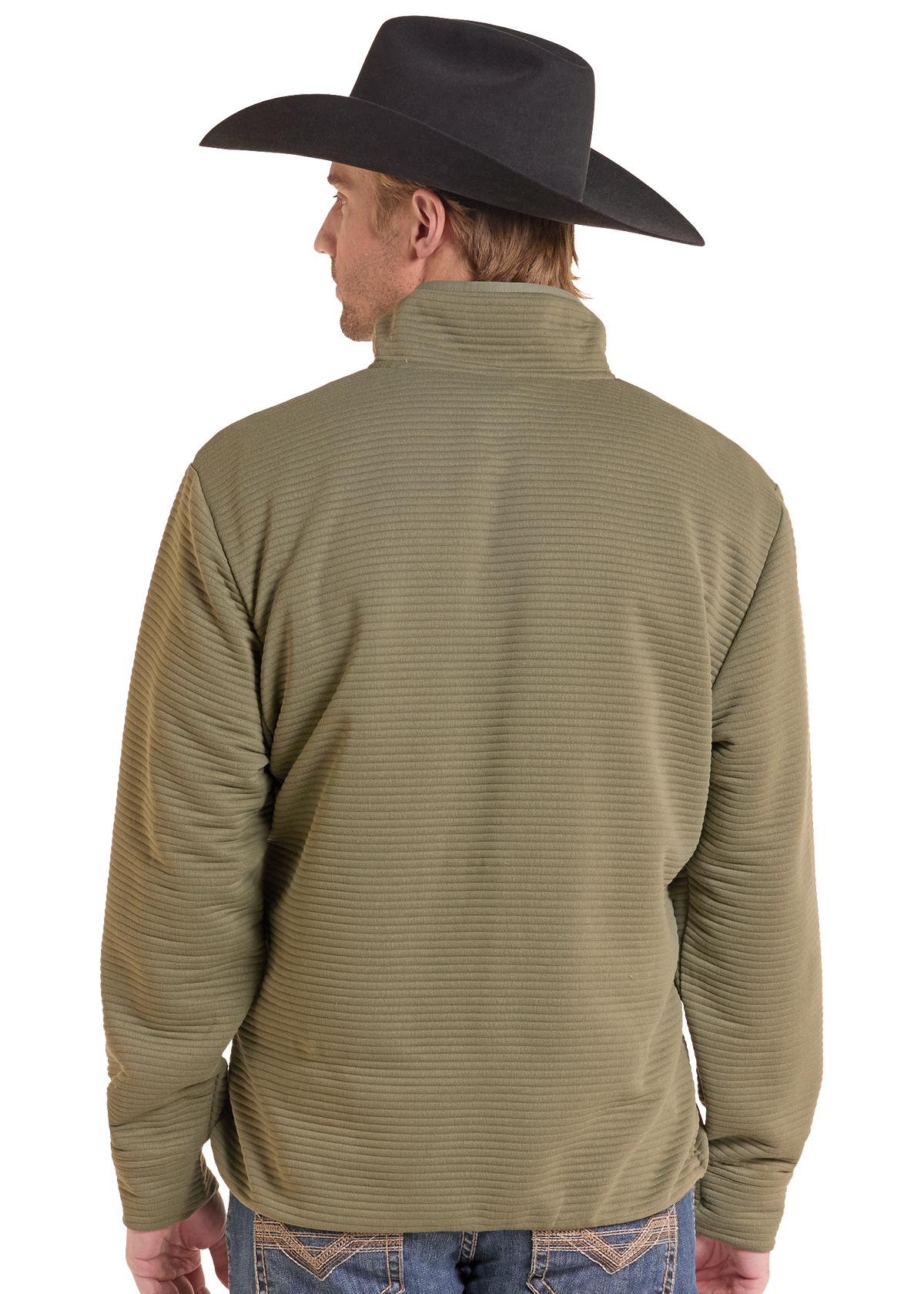 The back of a man in a green pullover.