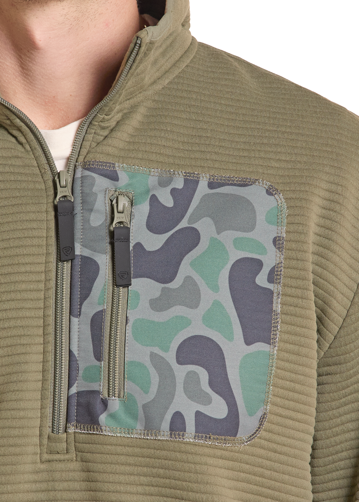 Detail image of a zipper camo chest pocket on a  green pullover.