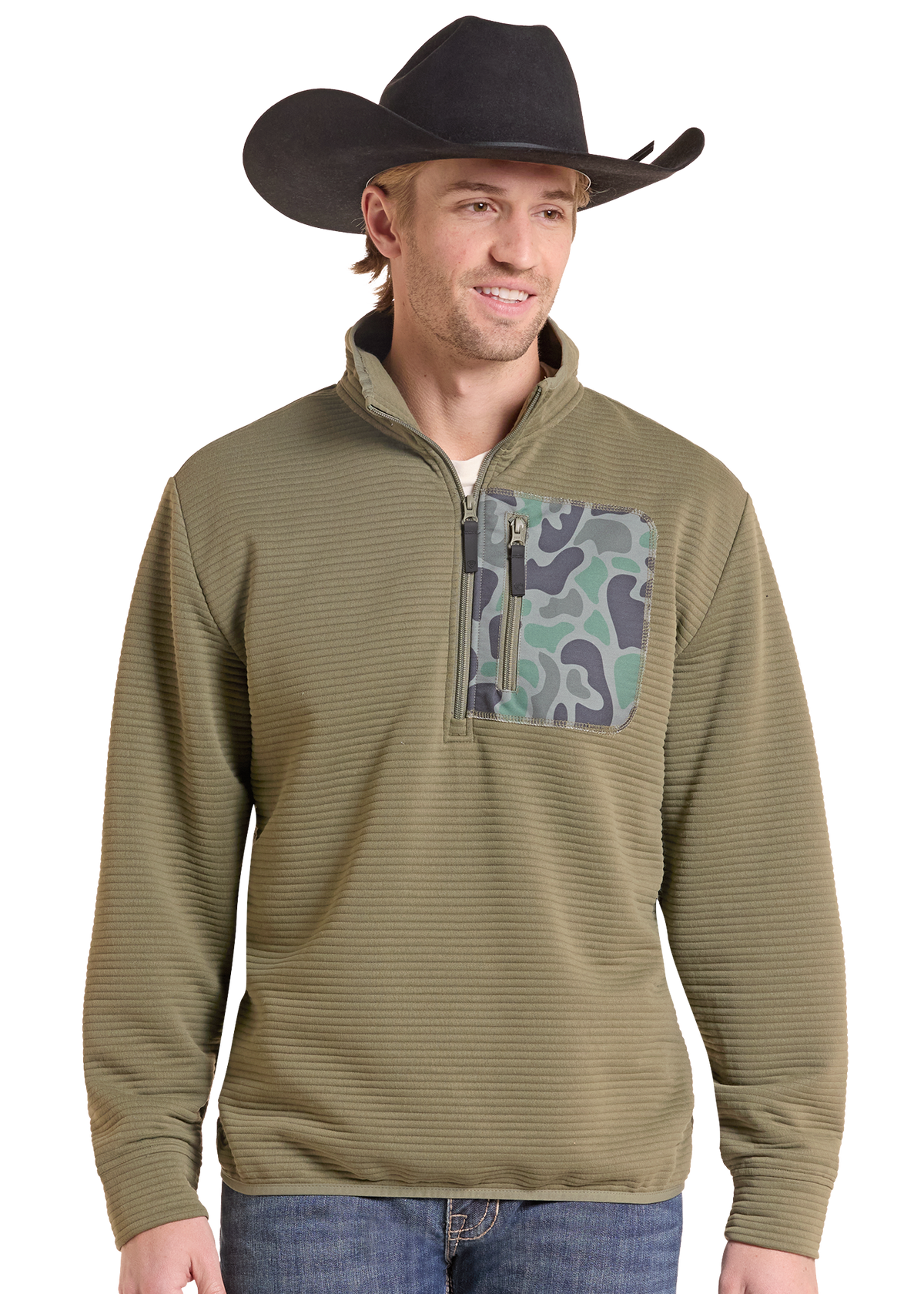 Man in a green pullover with a camo zip chest pocket. 