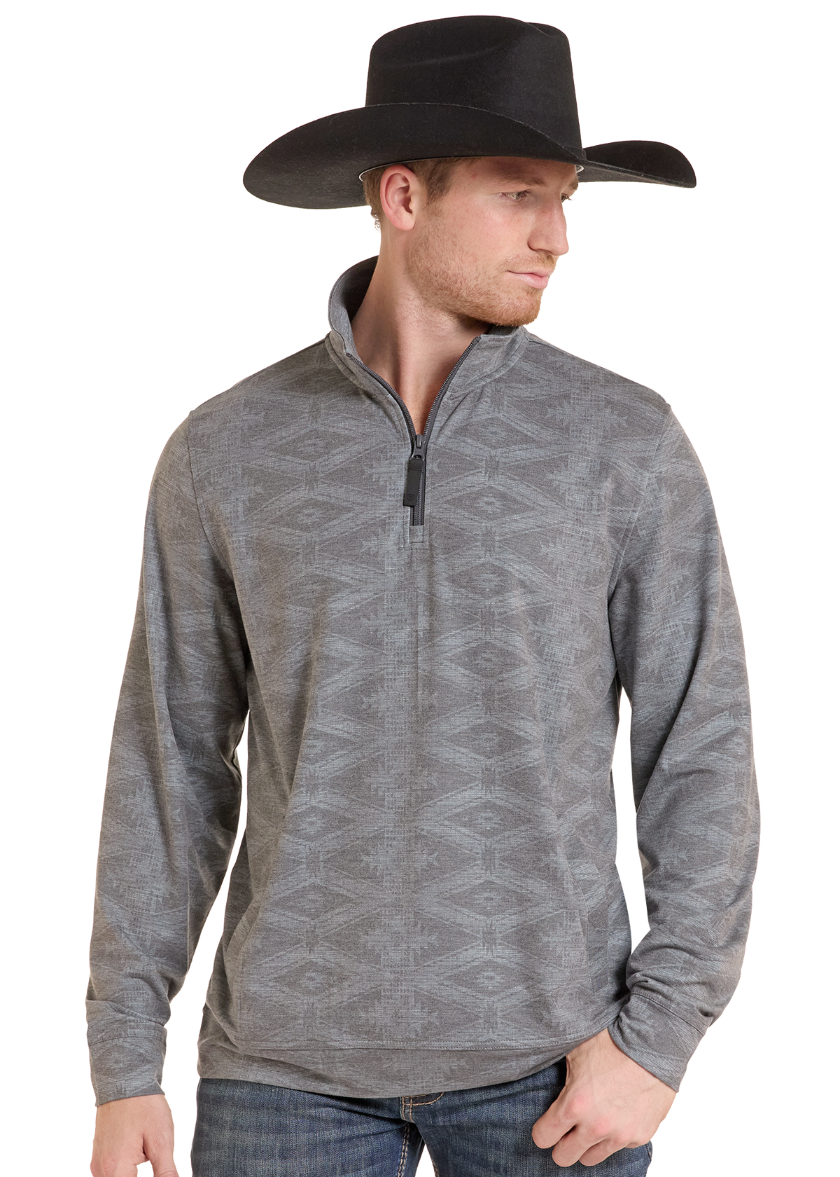 Man wearing Aztec quarter ship pullover. 