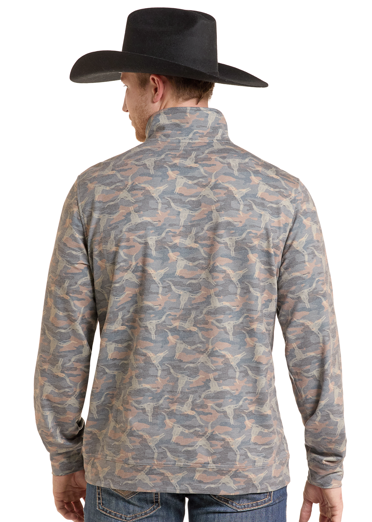 The back of a man wearing a longhorn pullover. 