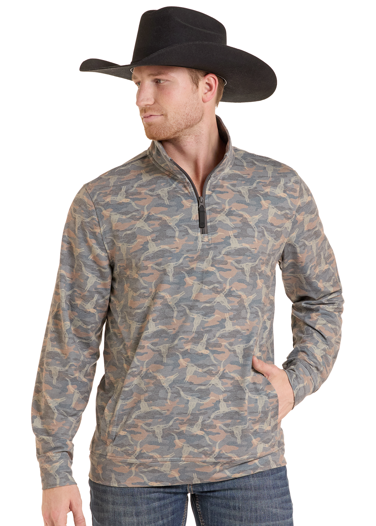 Man wearing longhorn quarter zip pullover. 