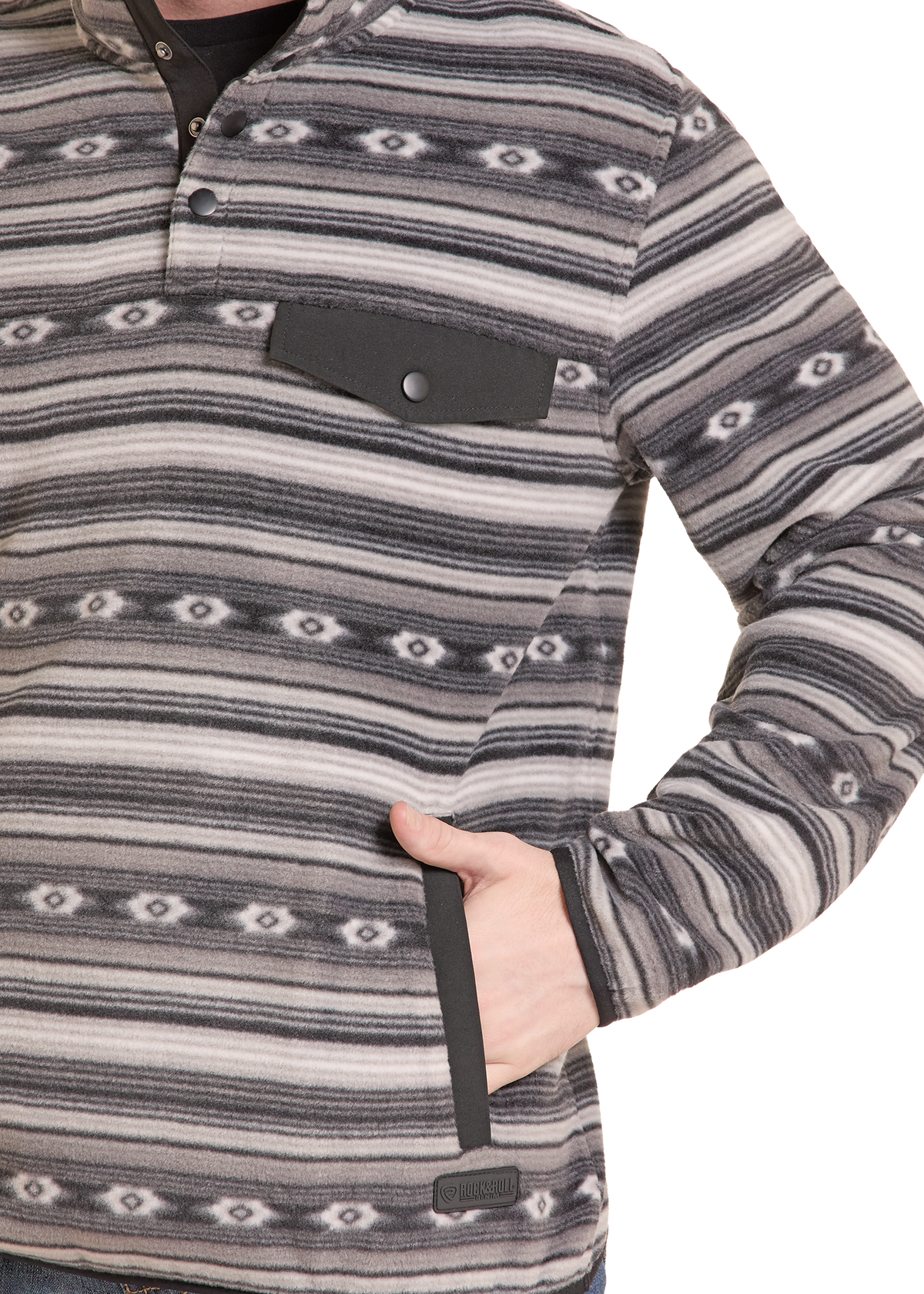 Close up of a detailed chest pocket on a fleece pullover. 