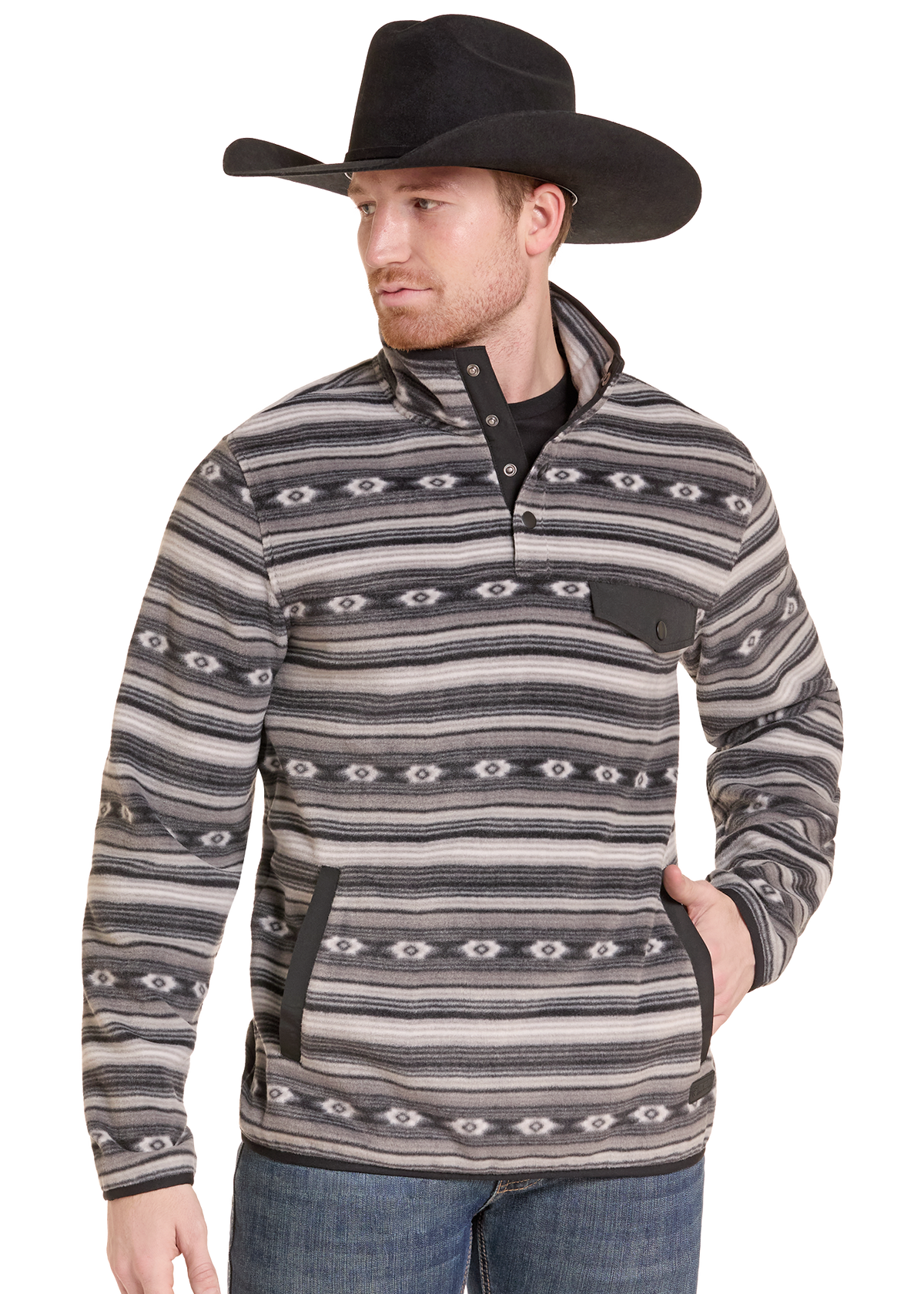Man wearing a fleece Henley pullover.  
