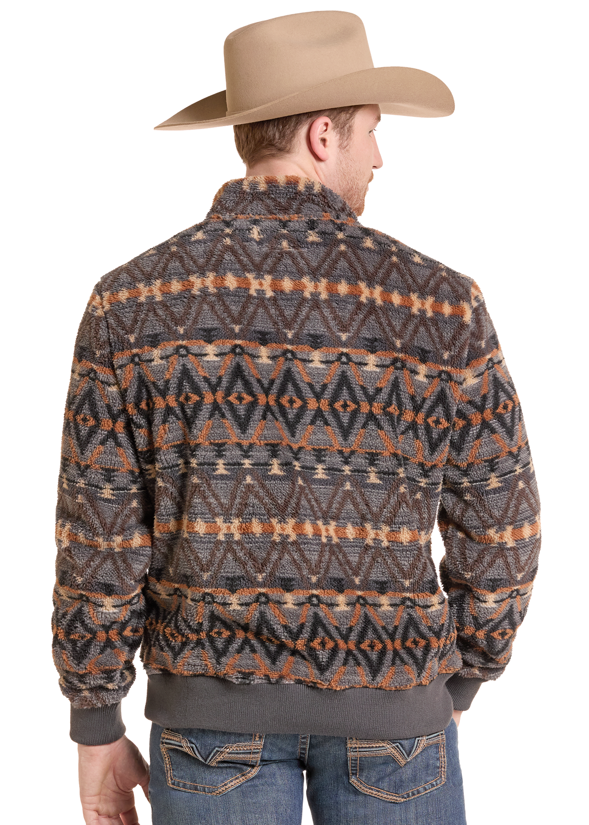 The back of a man in an Aztec sherpa pullover. 