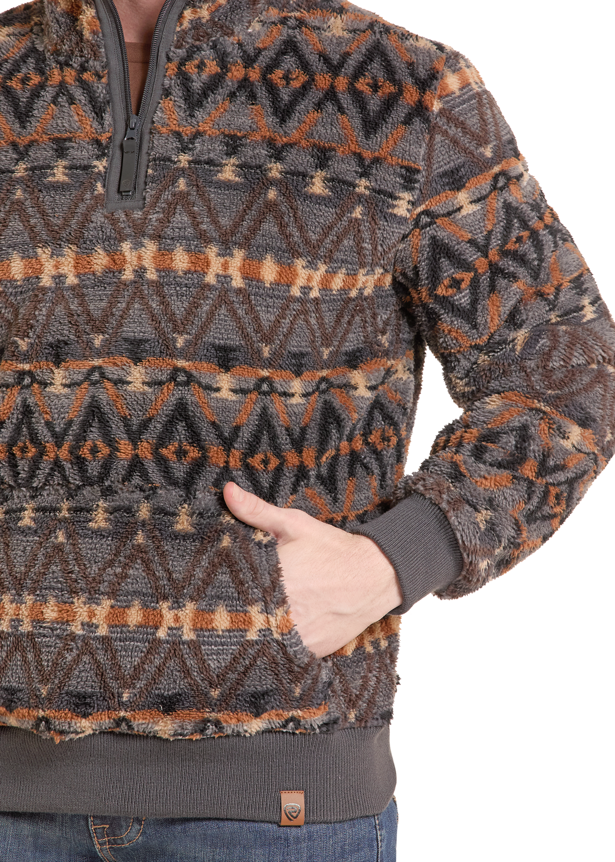 Detail image of an Aztec sherpa sweatshirt kangaroo pouch.