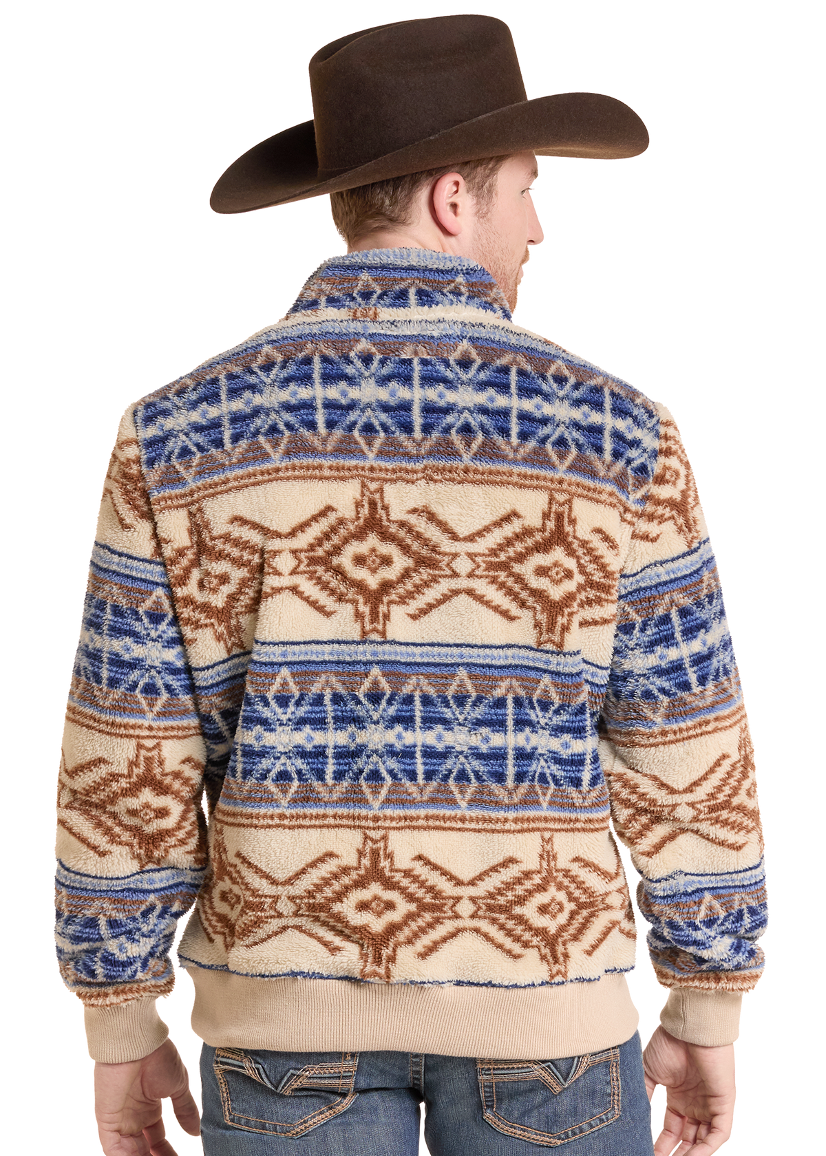 Back image of a man in a sherpa Aztec pullover. 