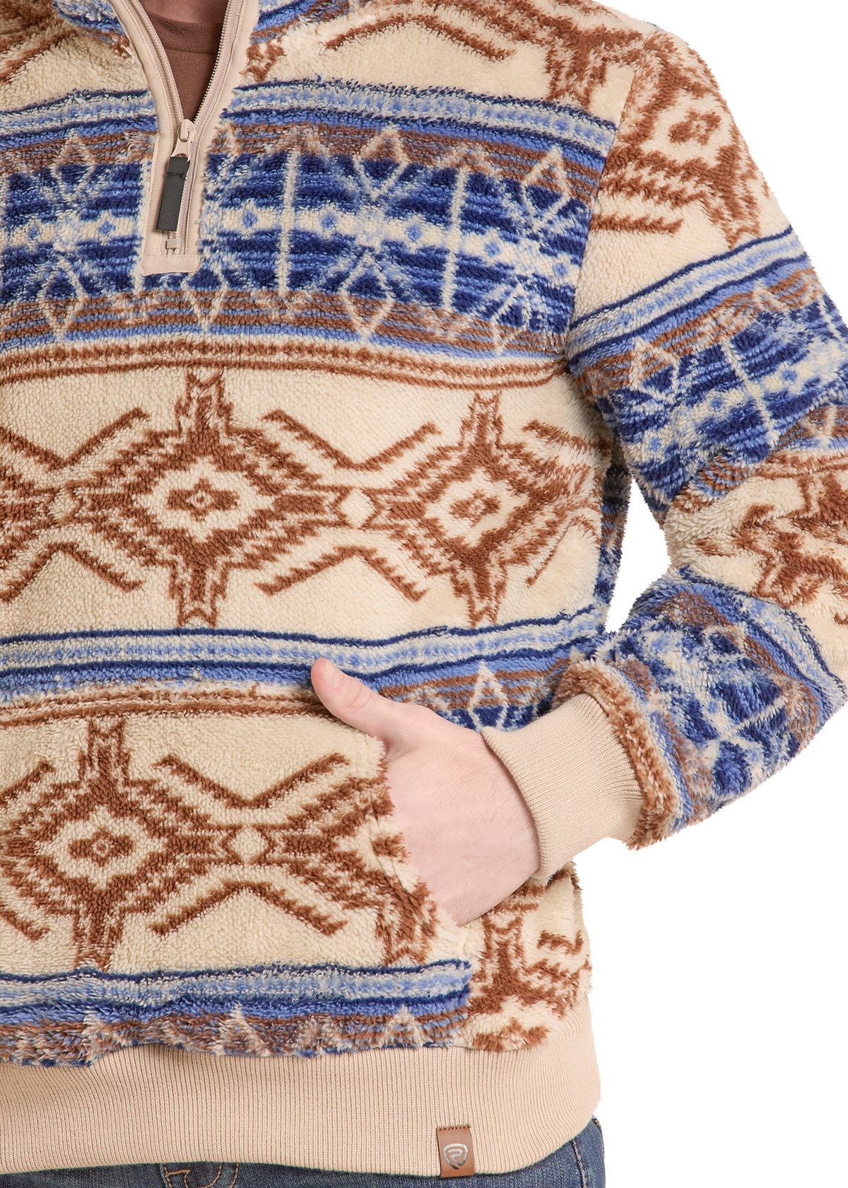 Details of a Aztec sherpa quarter zip.