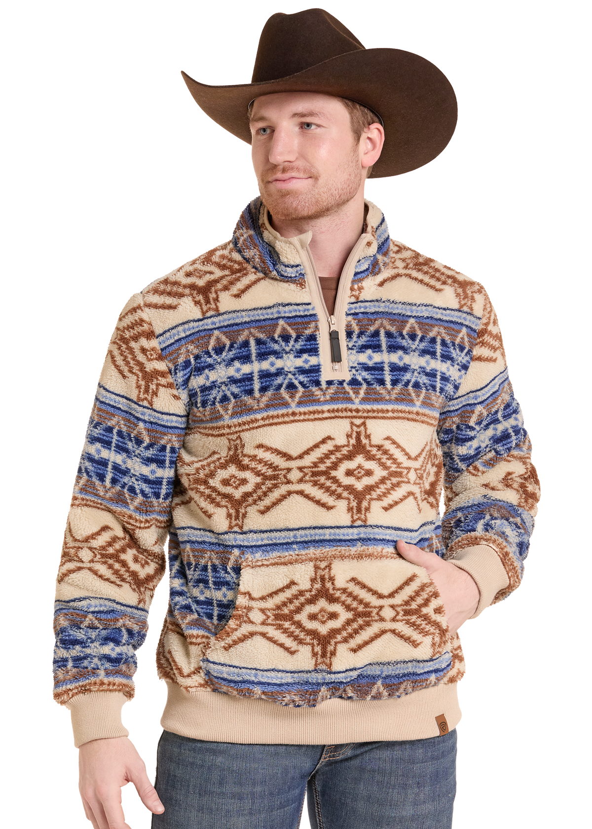 Man wearing a sherpa quarter zip pullover. 