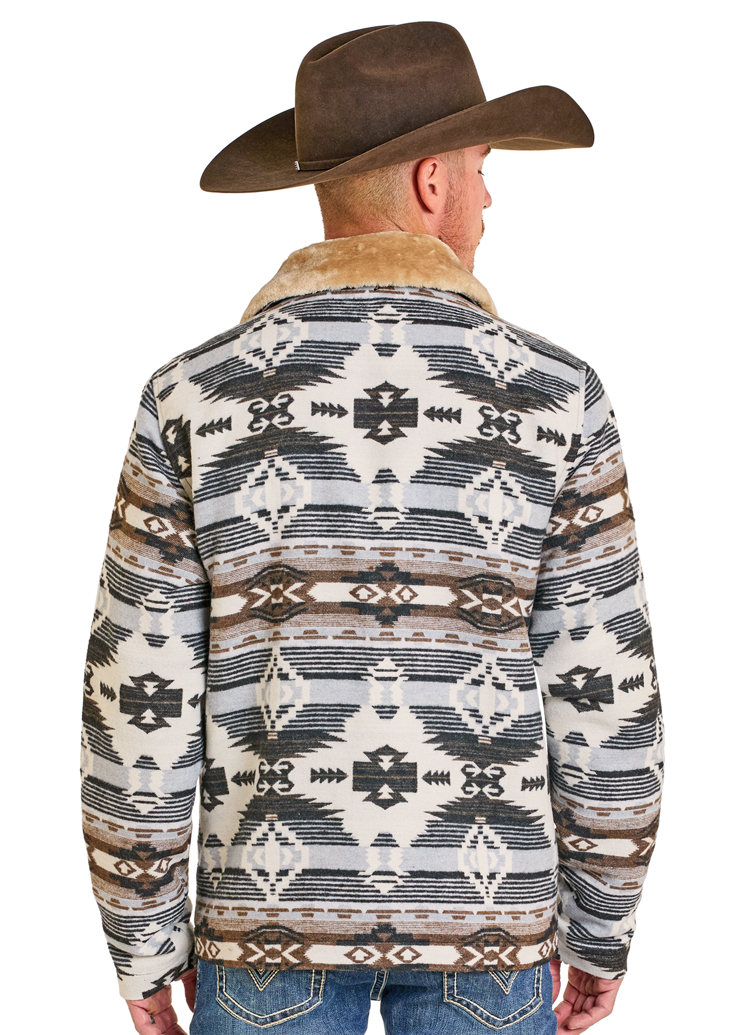 Man wearing a patterned jacket and cowboy hat on a white background
