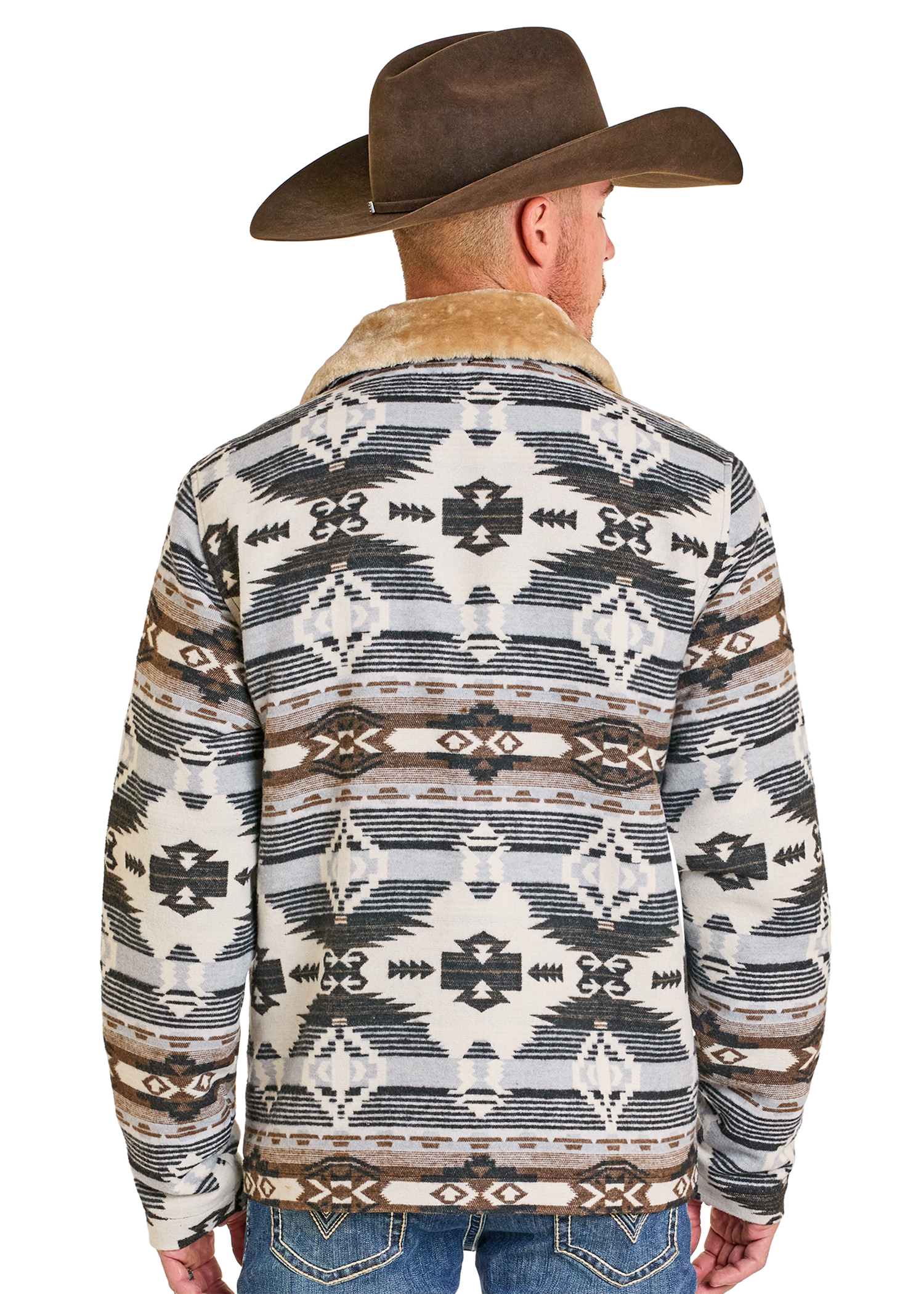 Man wearing a patterned jacket and cowboy hat on a white background