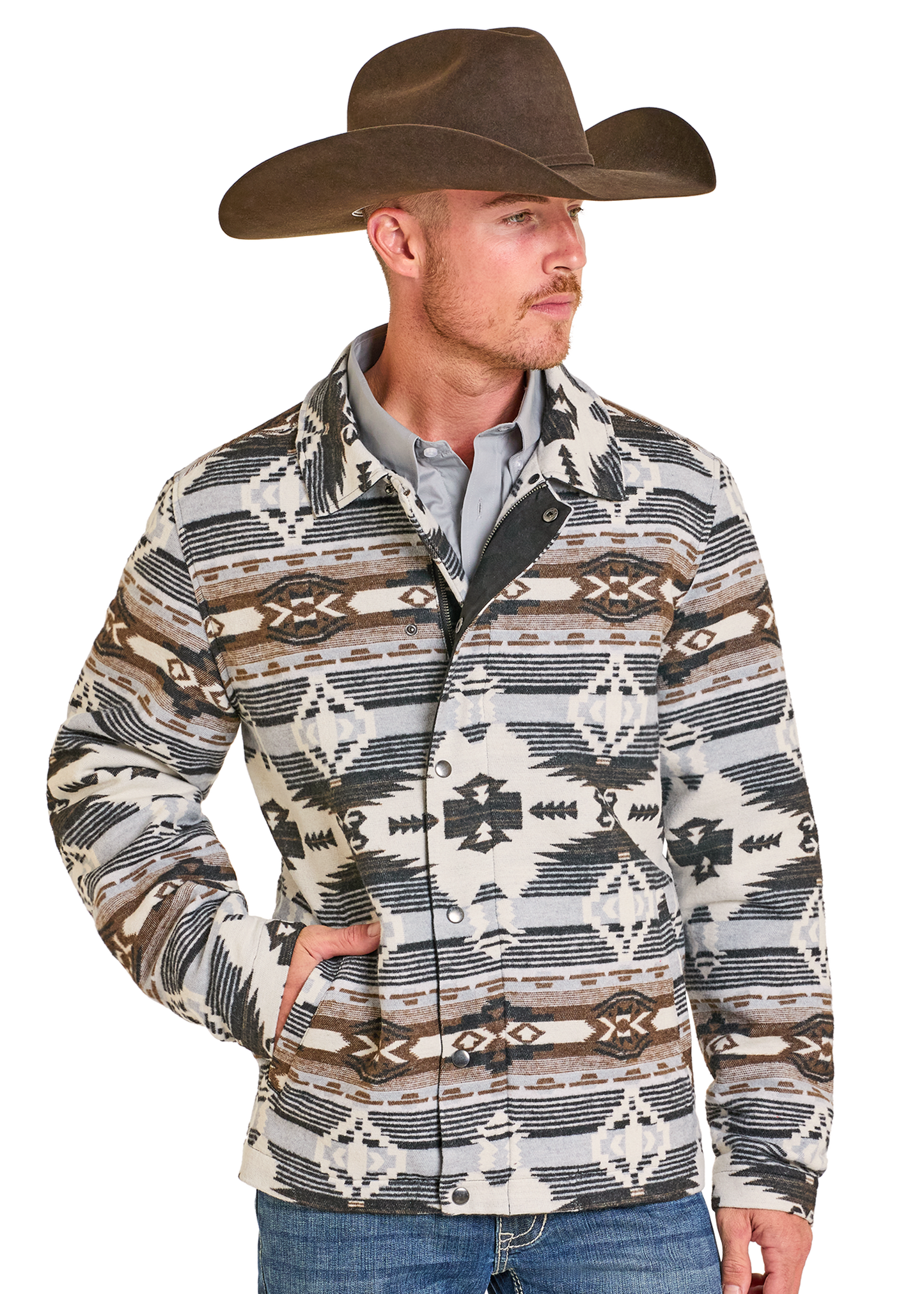 Man wearing a patterned jacket and cowboy hat on a white background