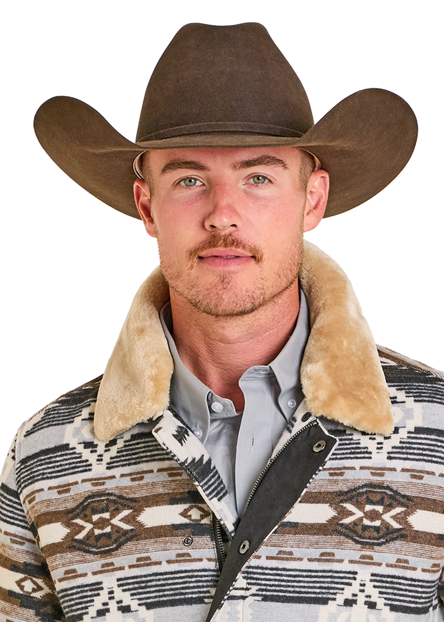 Man wearing a brown cowboy hat and patterned jacket on a white background