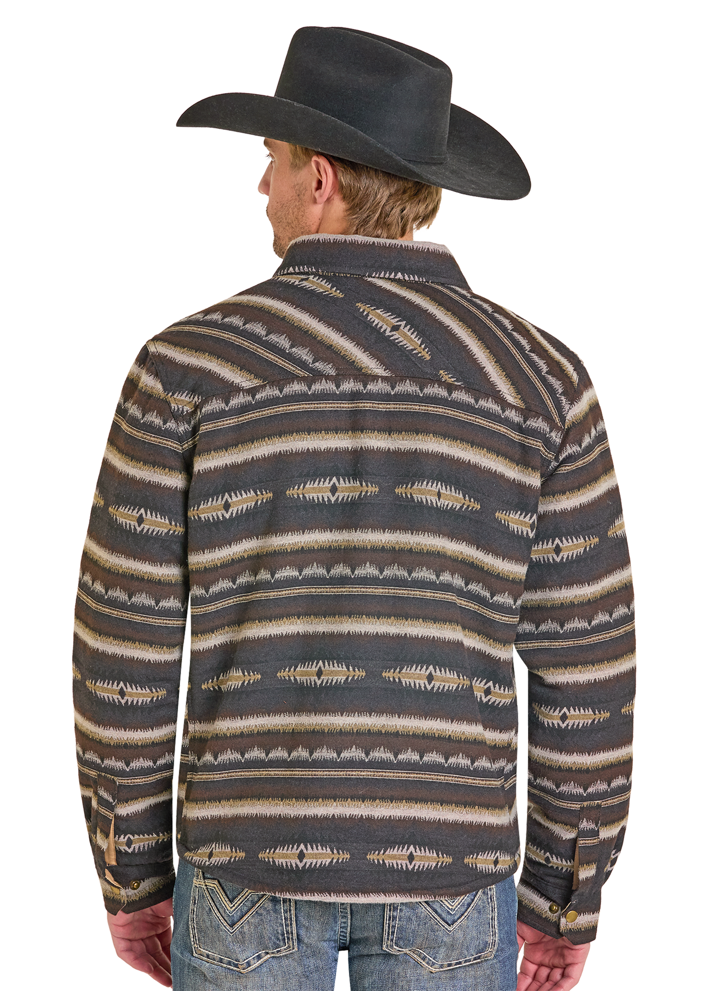 Man wearing a patterned shirt and cowboy hat on a white background