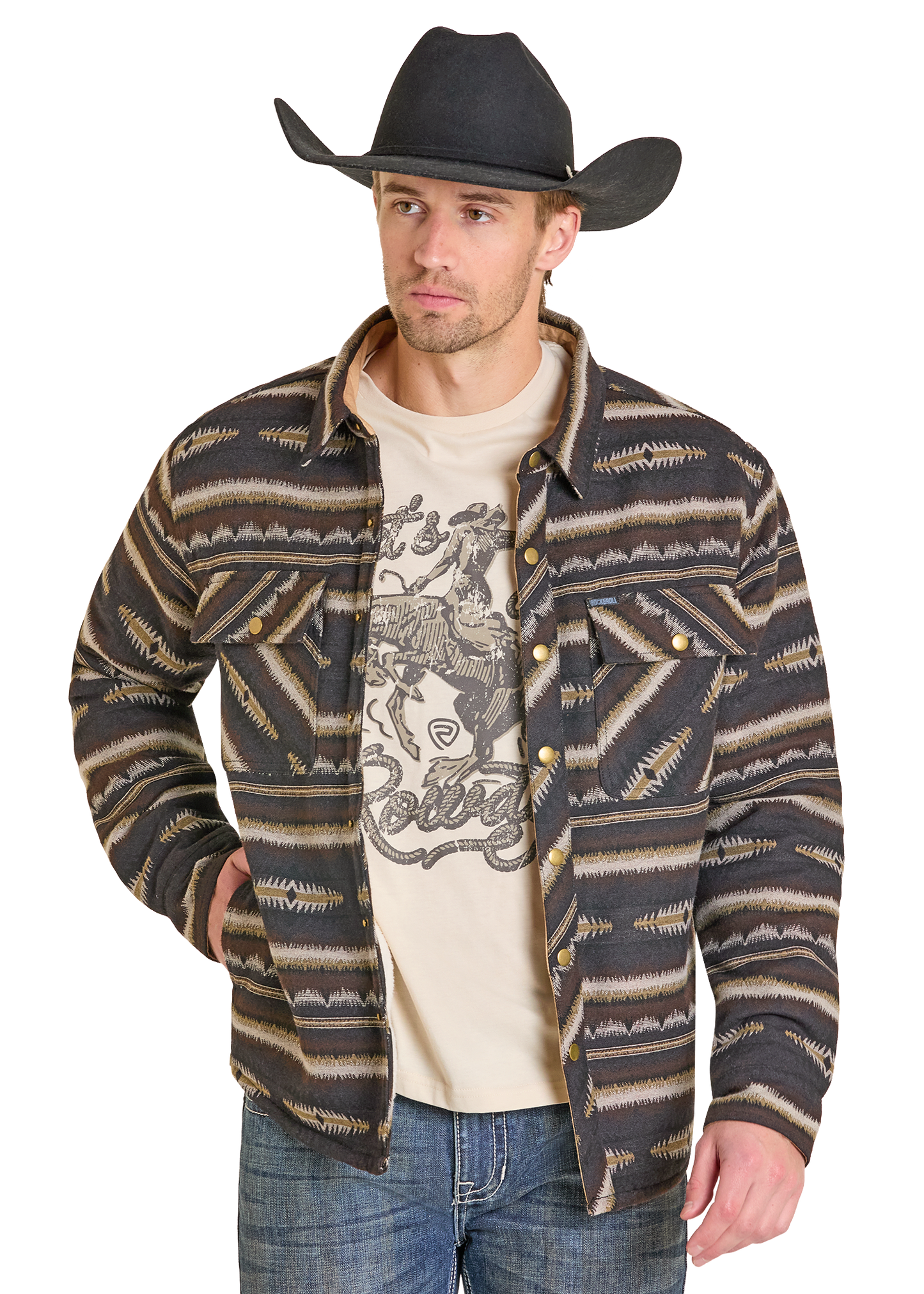 Man wearing a patterned shirt over a graphic t-shirt with a cowboy hat on a white background