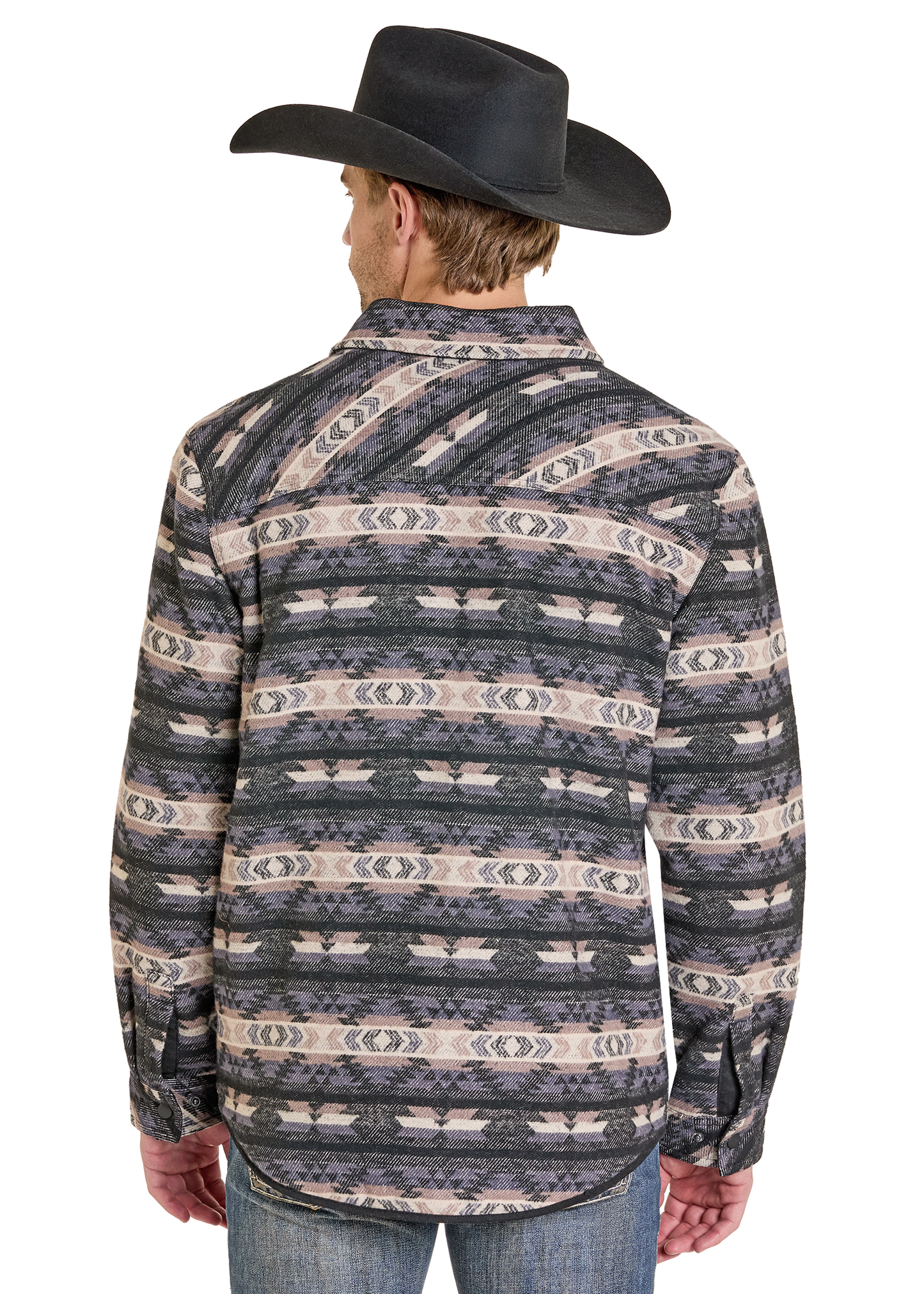 Man wearing a patterned long-sleeve shirt and cowboy hat on a white background
