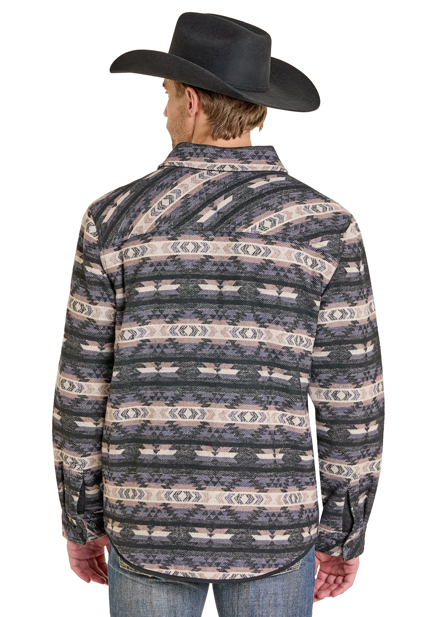 Man wearing a patterned long-sleeve shirt and cowboy hat on a white background