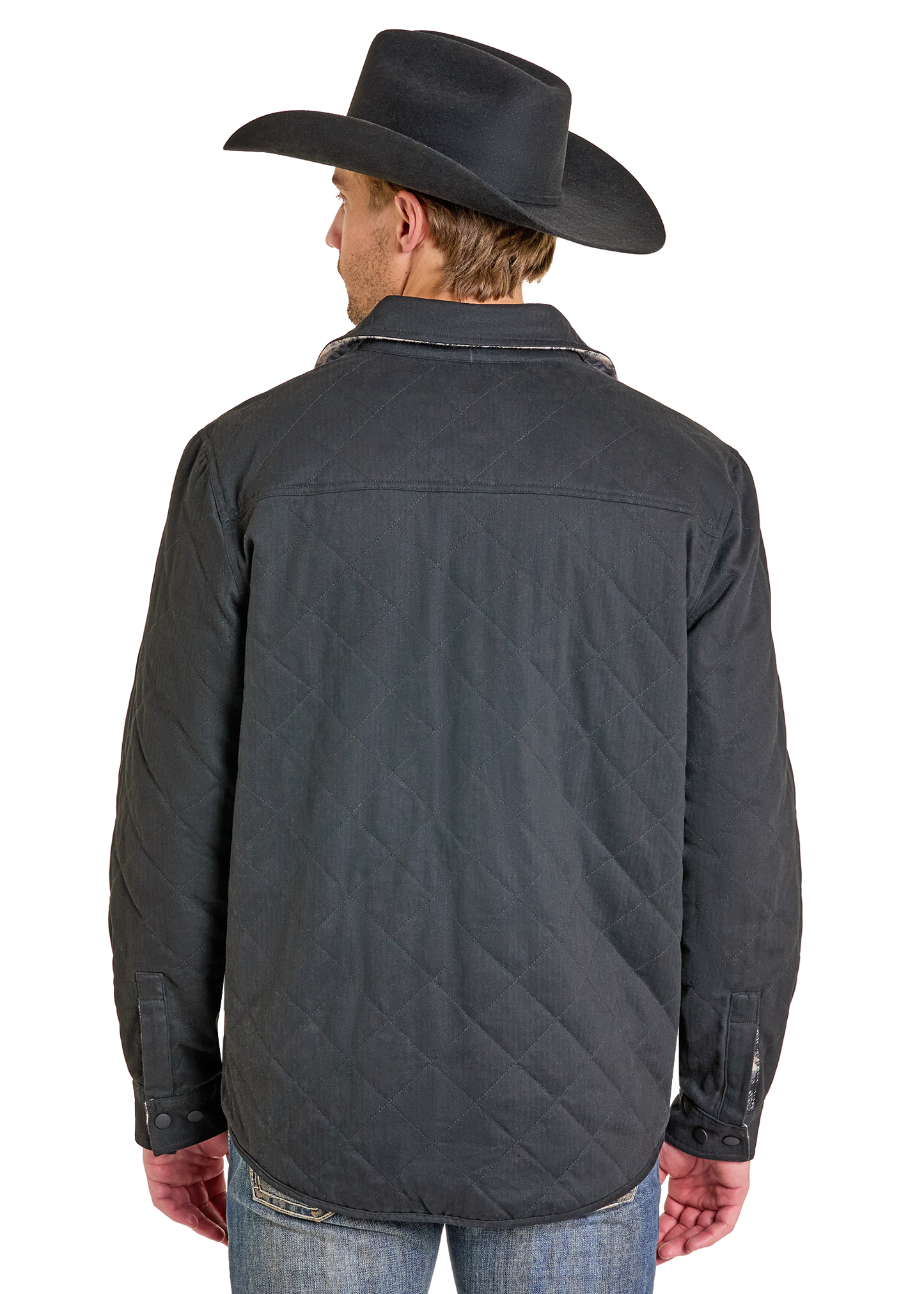 Man wearing a quilted jacket and cowboy hat on a white background