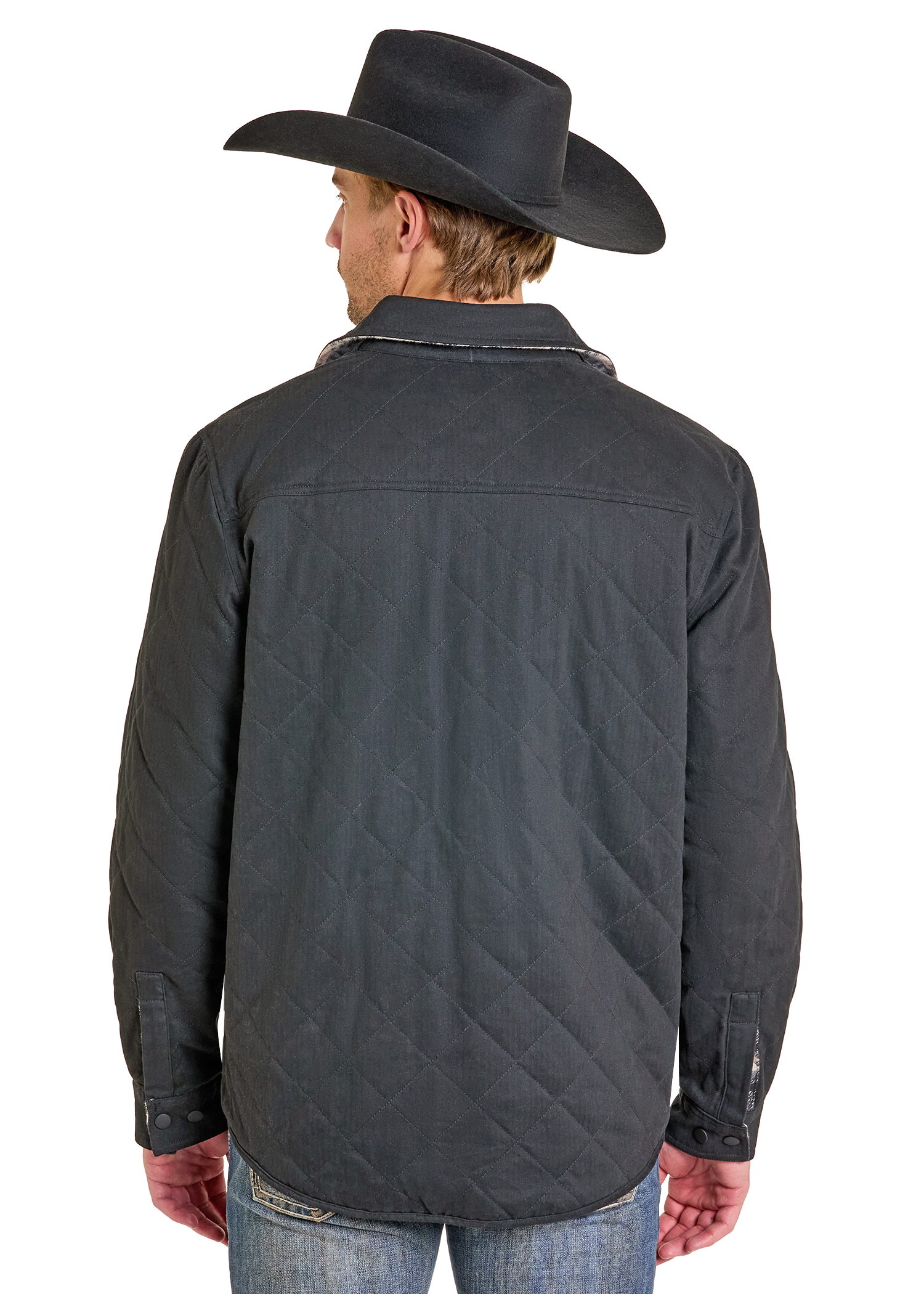 Man wearing a quilted jacket and cowboy hat on a white background
