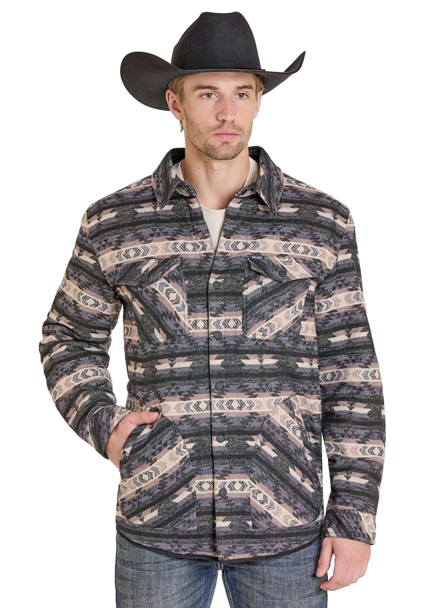 Man wearing a patterned shirt and cowboy hat on a white background