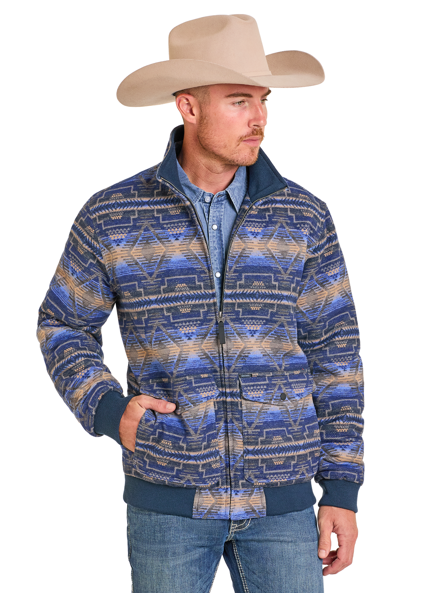 Man wearing a blue patterned jacket and cowboy hat on a white background