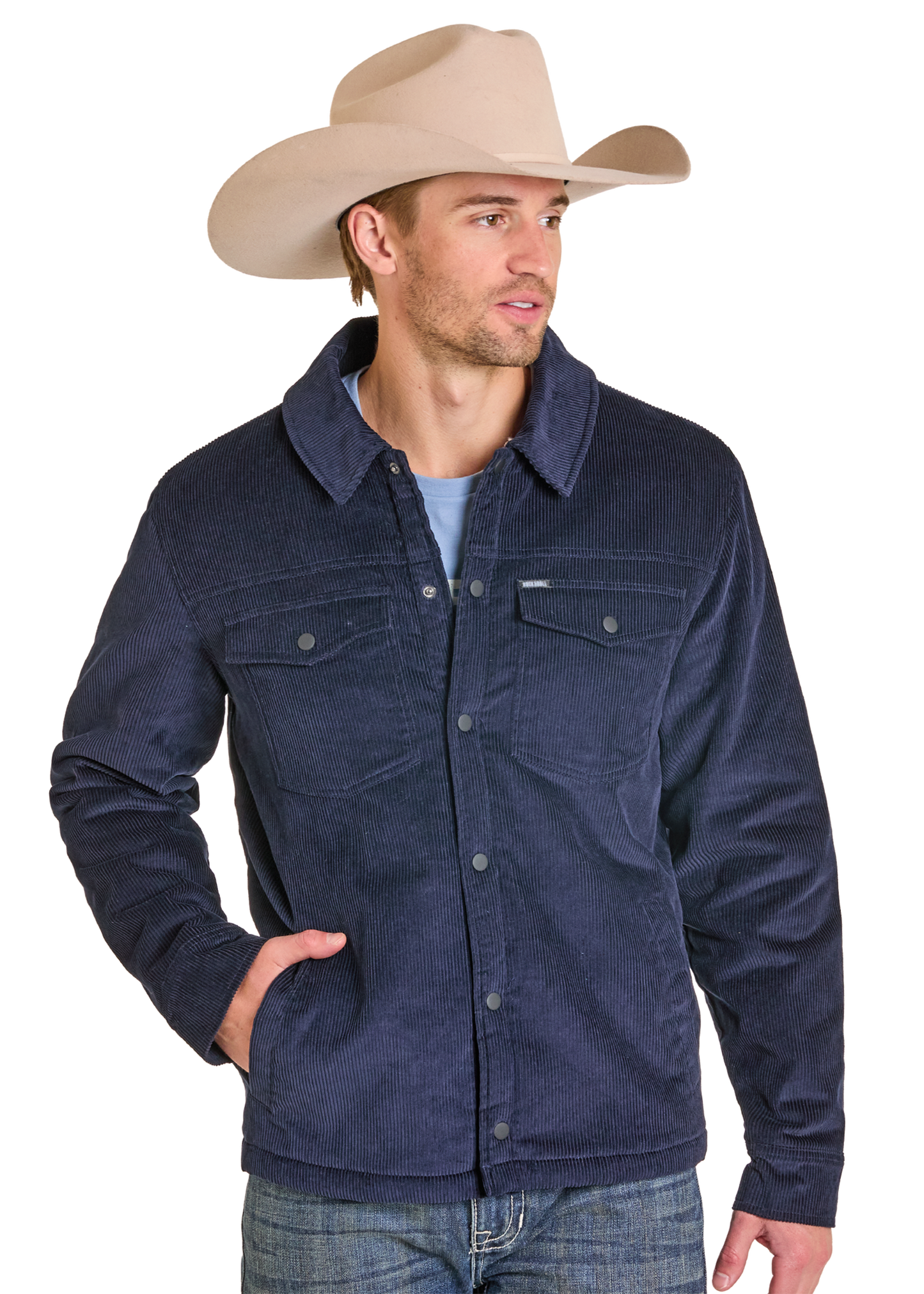 Man wearing a navy blue jacket and beige cowboy hat on a white background