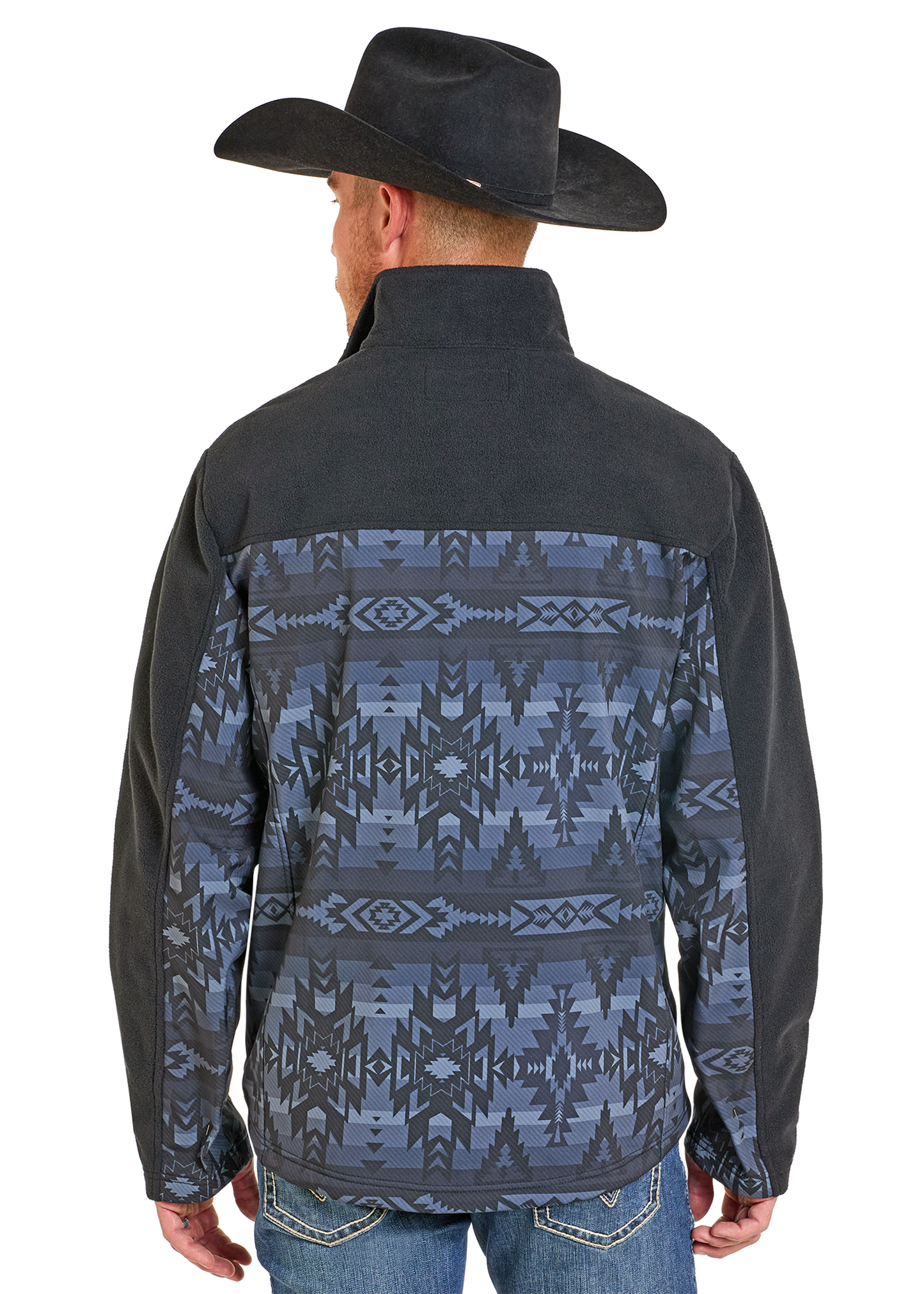Man wearing a black cowboy hat and a black jacket with blue geometric pattern on the back.