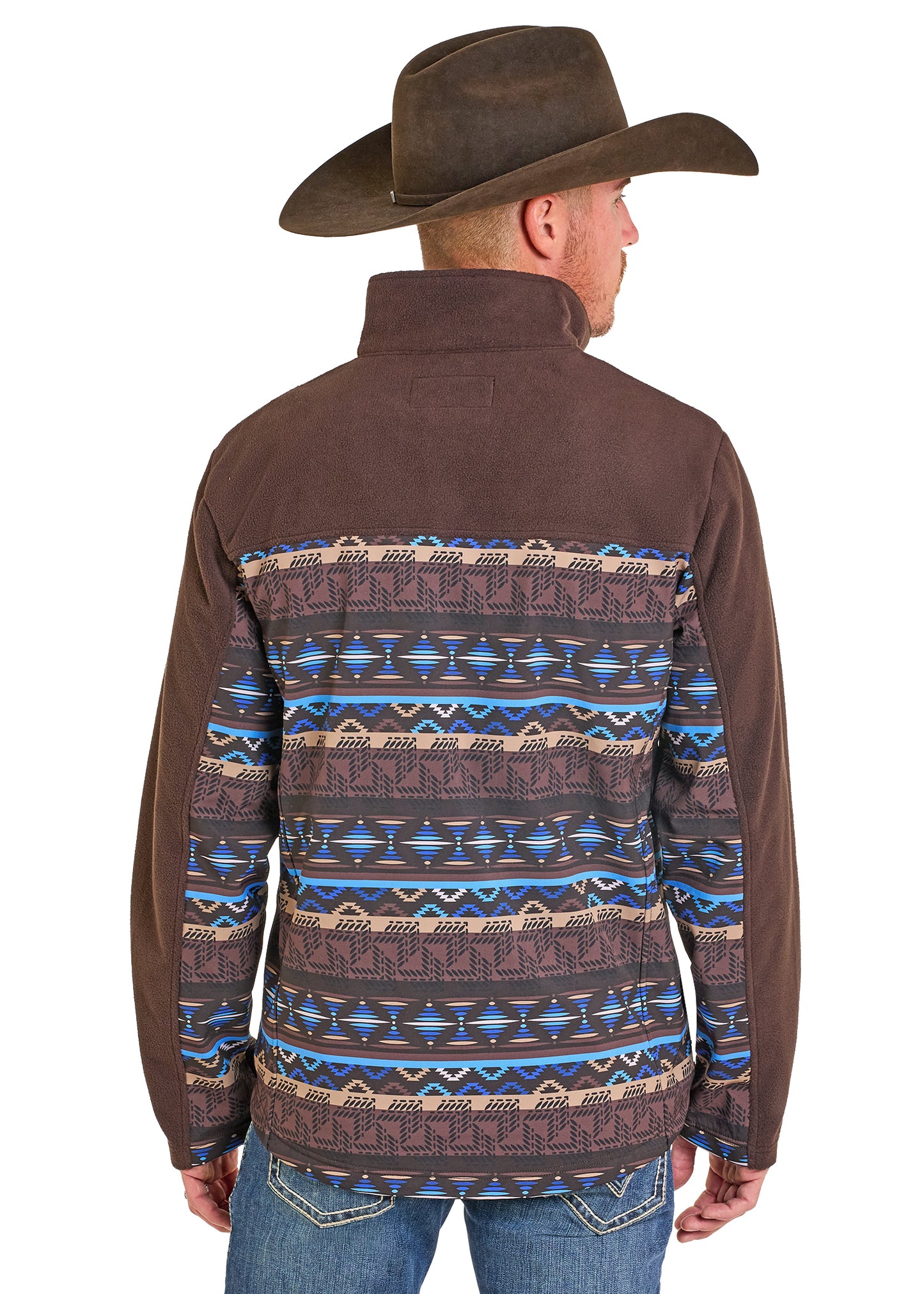Man wearing a brown patterned shirt with a cowboy hat on a white background