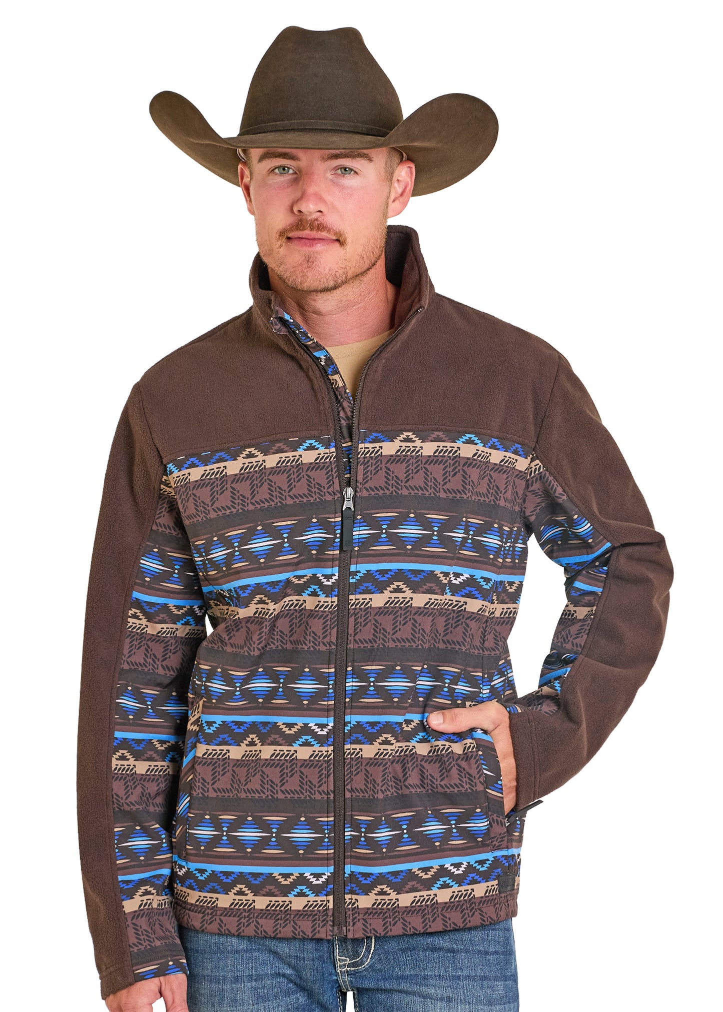 Man wearing a brown patterned shirt with a cowboy hat on a white background