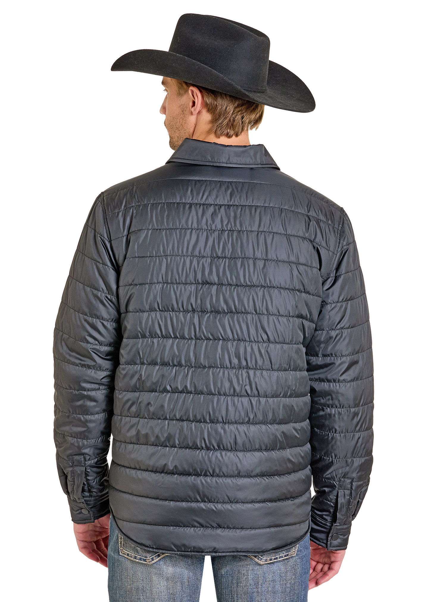 A man is seen from behind against a plain white background, wearing blue jeans, a black cowboy hat, and the Rock & Roll Denim Puffer Print Lined Shirt Jacket.