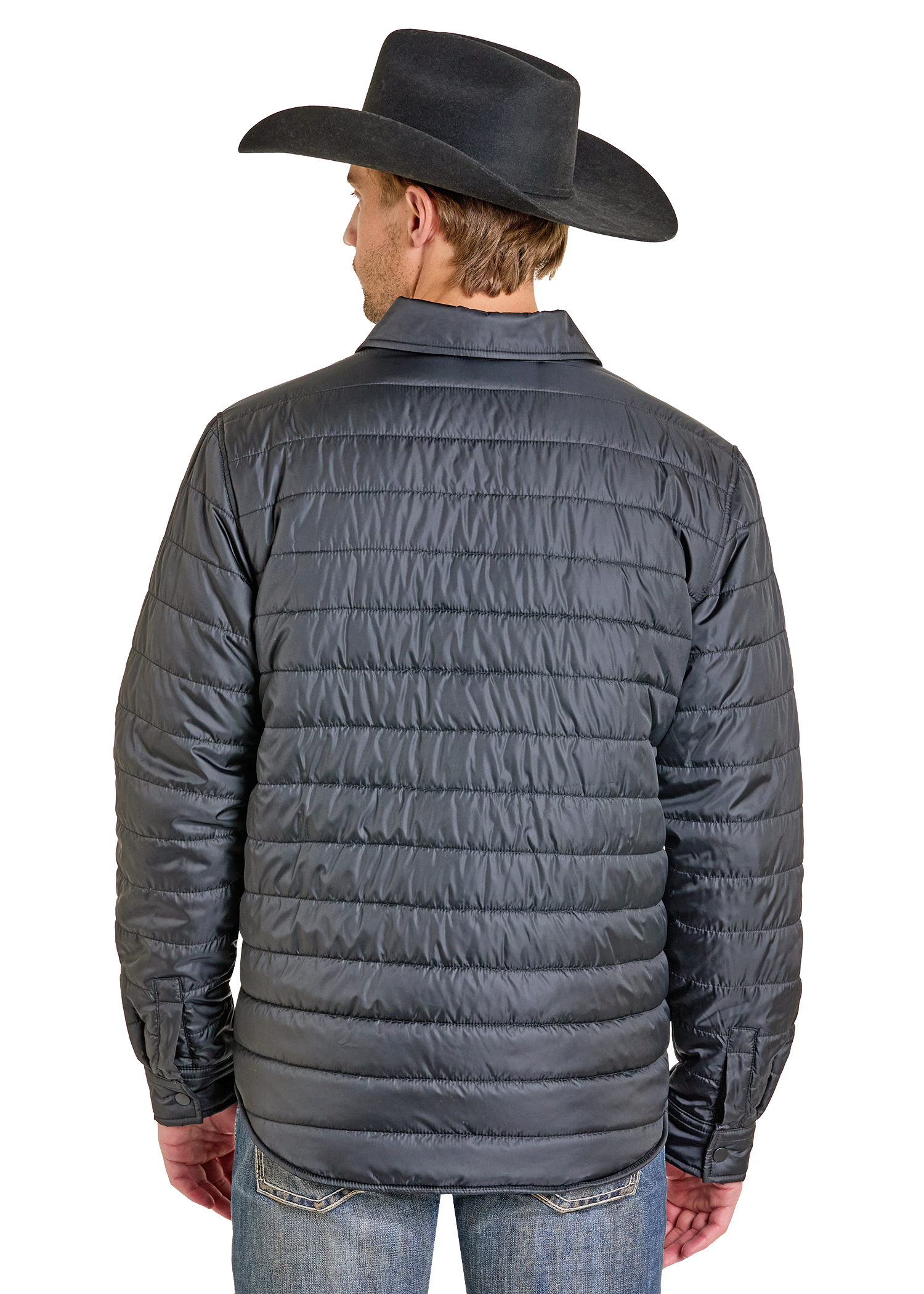 A man is seen from behind against a plain white background, wearing blue jeans, a black cowboy hat, and the Rock & Roll Denim Puffer Print Lined Shirt Jacket.