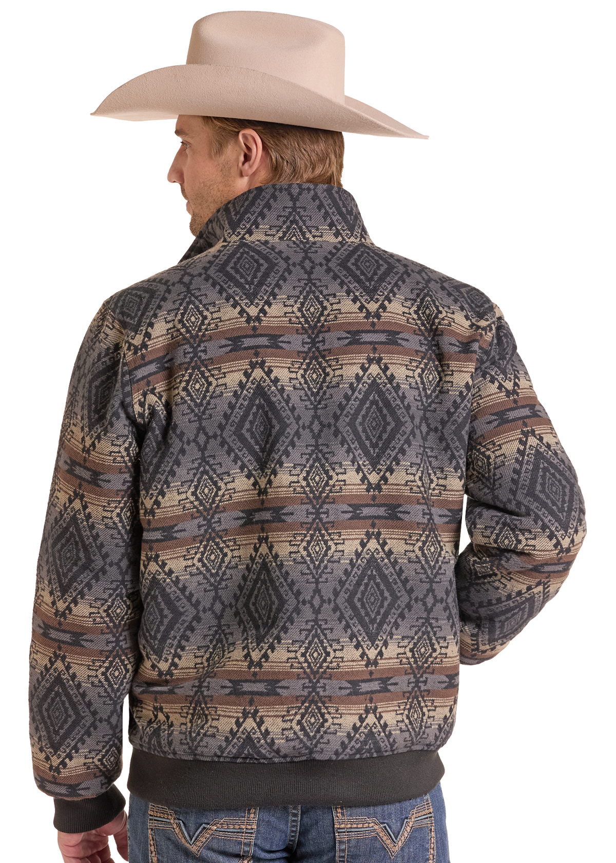 A man shown from the back wearing a patterned western-style jacket and a light tan cowboy hat against a plain white background.