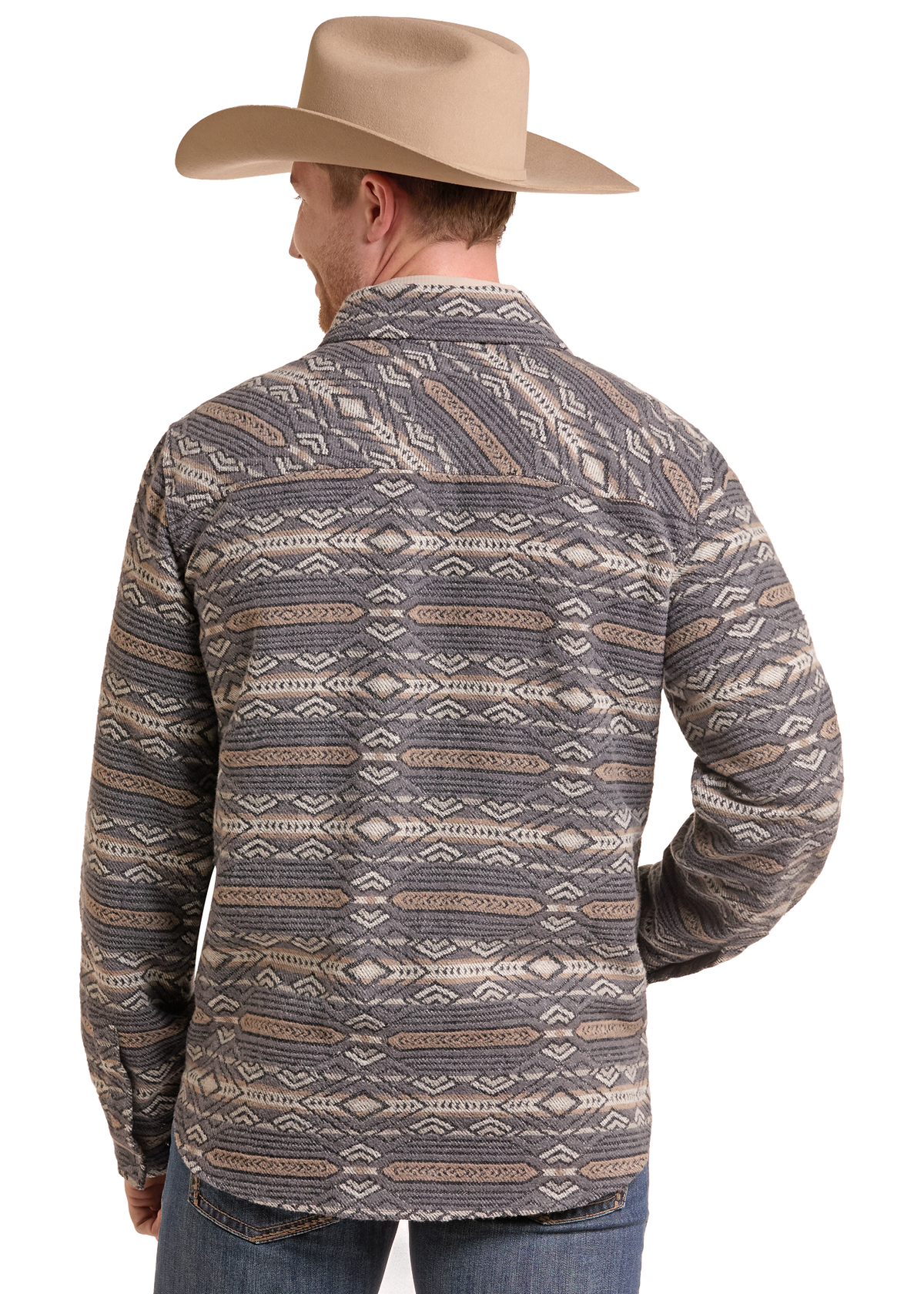 A man wearing a tan cowboy hat and a long-sleeve western shirt with a gray, beige, and brown geometric pattern, shown from the back against a white background.