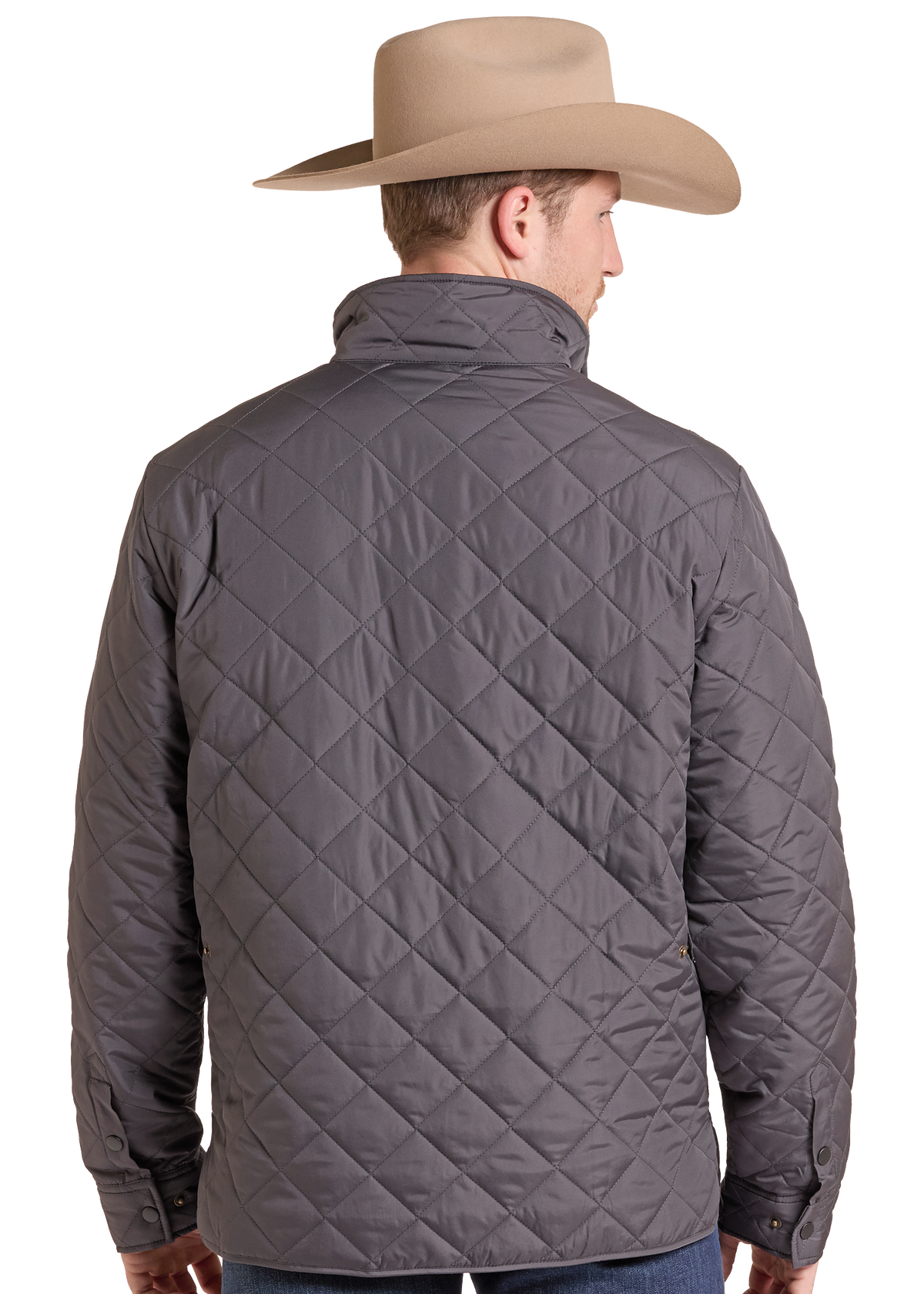 A man shown from the back wearing a dark gray diamond-quilted jacket and a tan cowboy hat against a plain white background.