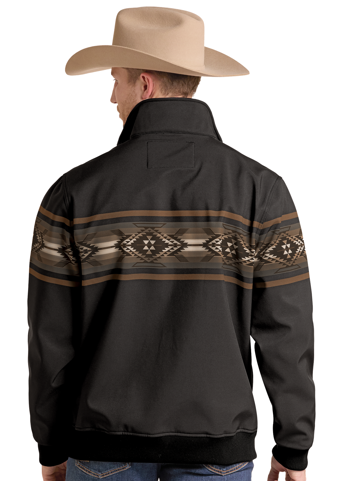 A man shown from the back wearing a black western-style quarter-zip jacket with a brown and beige geometric pattern across the upper back and shoulders, along with a tan cowboy hat and blue jeans.