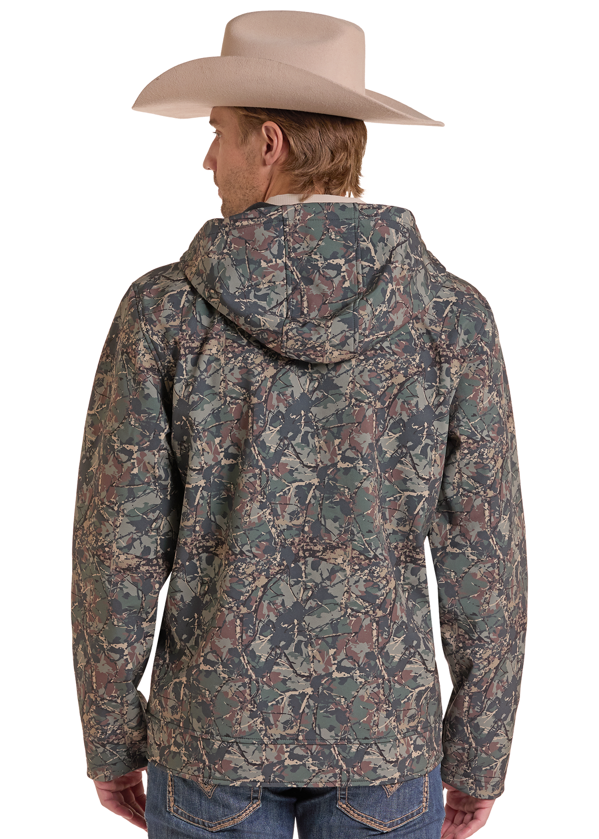 A man shown from the back wearing a camouflage hooded jacket and a light tan cowboy hat against a plain white studio background.